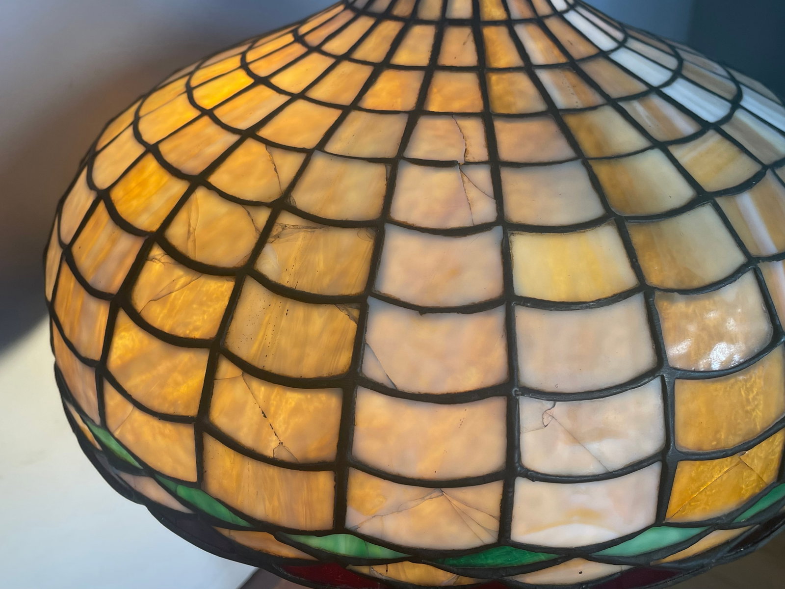 Reduced-Antique Tiffany Studios Style Bronze Glass Lamp Numbered - 7