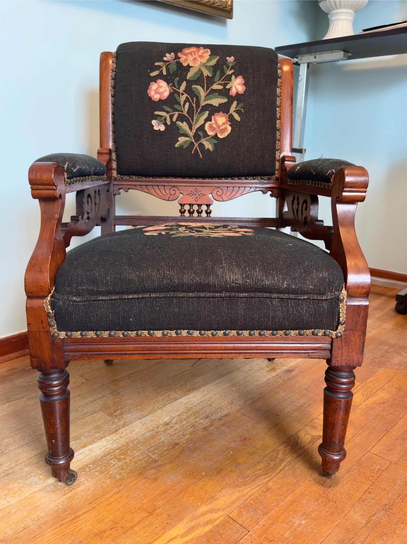 Antique Eastlake Style Victorian Needlepoint Armchair - 2