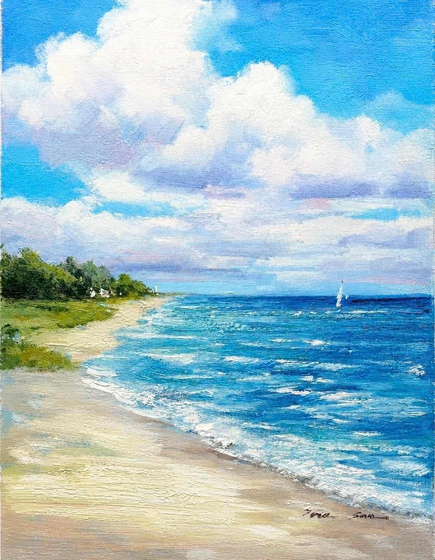 Original Coastal Seascape by Eric Son | Beach Shore Oil Painting 12x16: Original oil painting by Eric Son depicting a sunlit shoreline, rolling ocean waves, and dramatic cloud-filled skies. Rich texture, vibrant blues, and expressive brushwork create depth and movement th