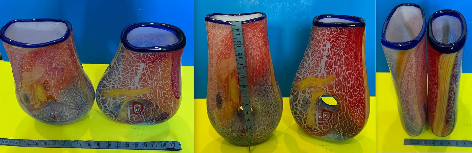 Handblown Vibrant Tear Shaped Donut Hole Art Glass Vases - a Pair - 10