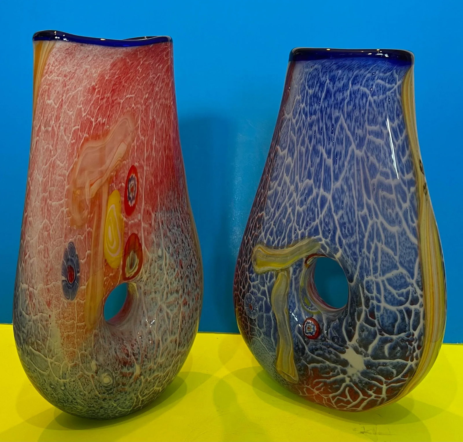 Handblown Vibrant Tear Shaped Donut Hole Art Glass Vases - a Pair - 11