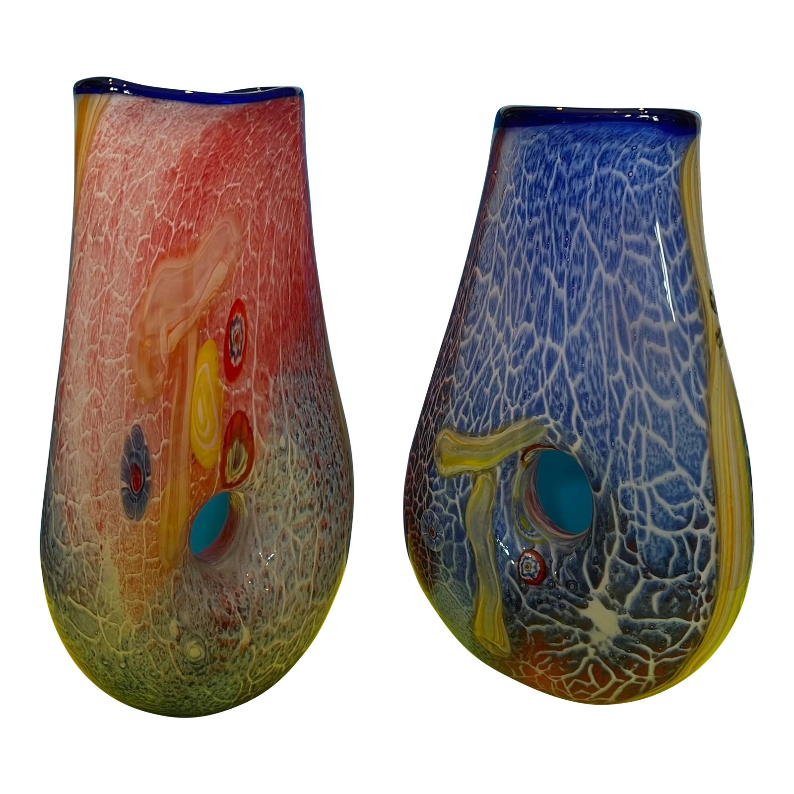 Handblown Vibrant Tear Shaped Donut Hole Art Glass Vases - a Pair: These beautiful Murano style art glass vases were hand blown from multiple pieces of colored glass to create a vibrant abstract design. They are both tear shaped and have a hole in the body of the