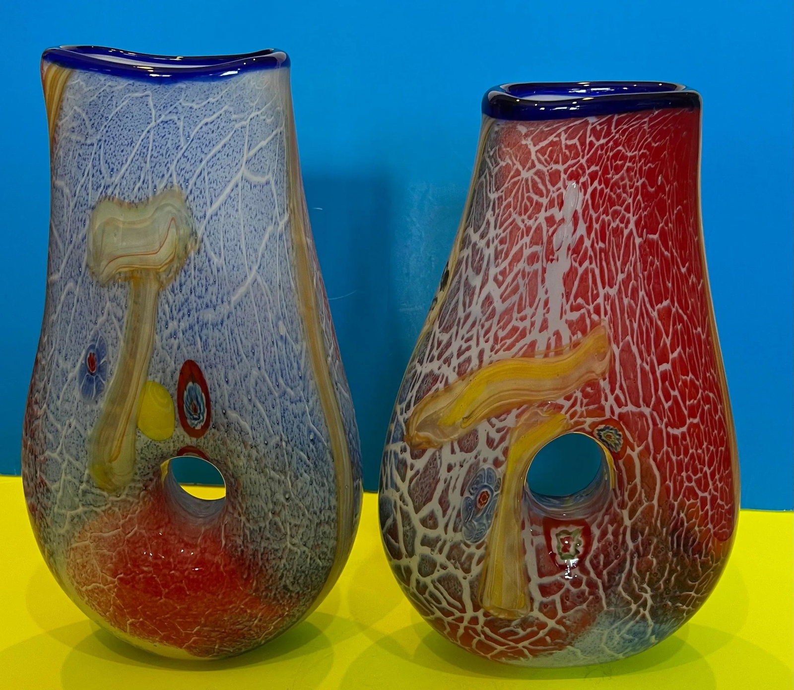 Handblown Vibrant Tear Shaped Donut Hole Art Glass Vases - a Pair - 2
