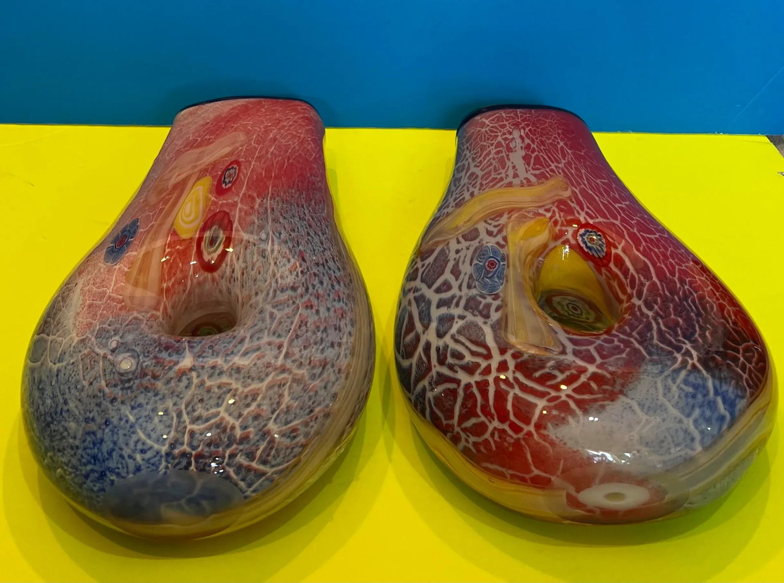 Handblown Vibrant Tear Shaped Donut Hole Art Glass Vases - a Pair - 3