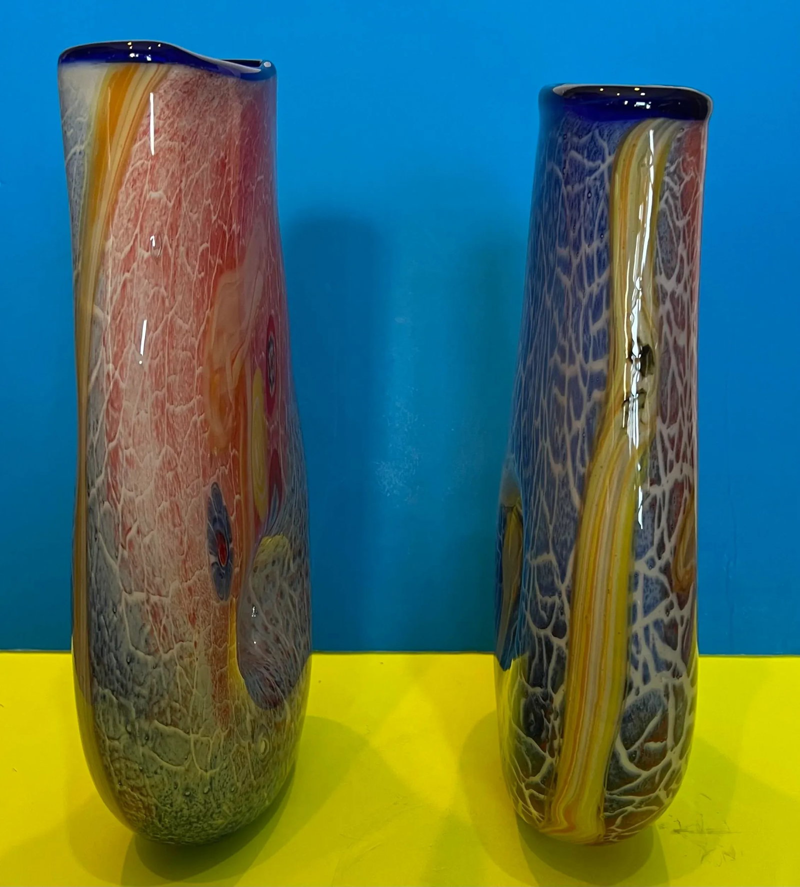Handblown Vibrant Tear Shaped Donut Hole Art Glass Vases - a Pair - 4