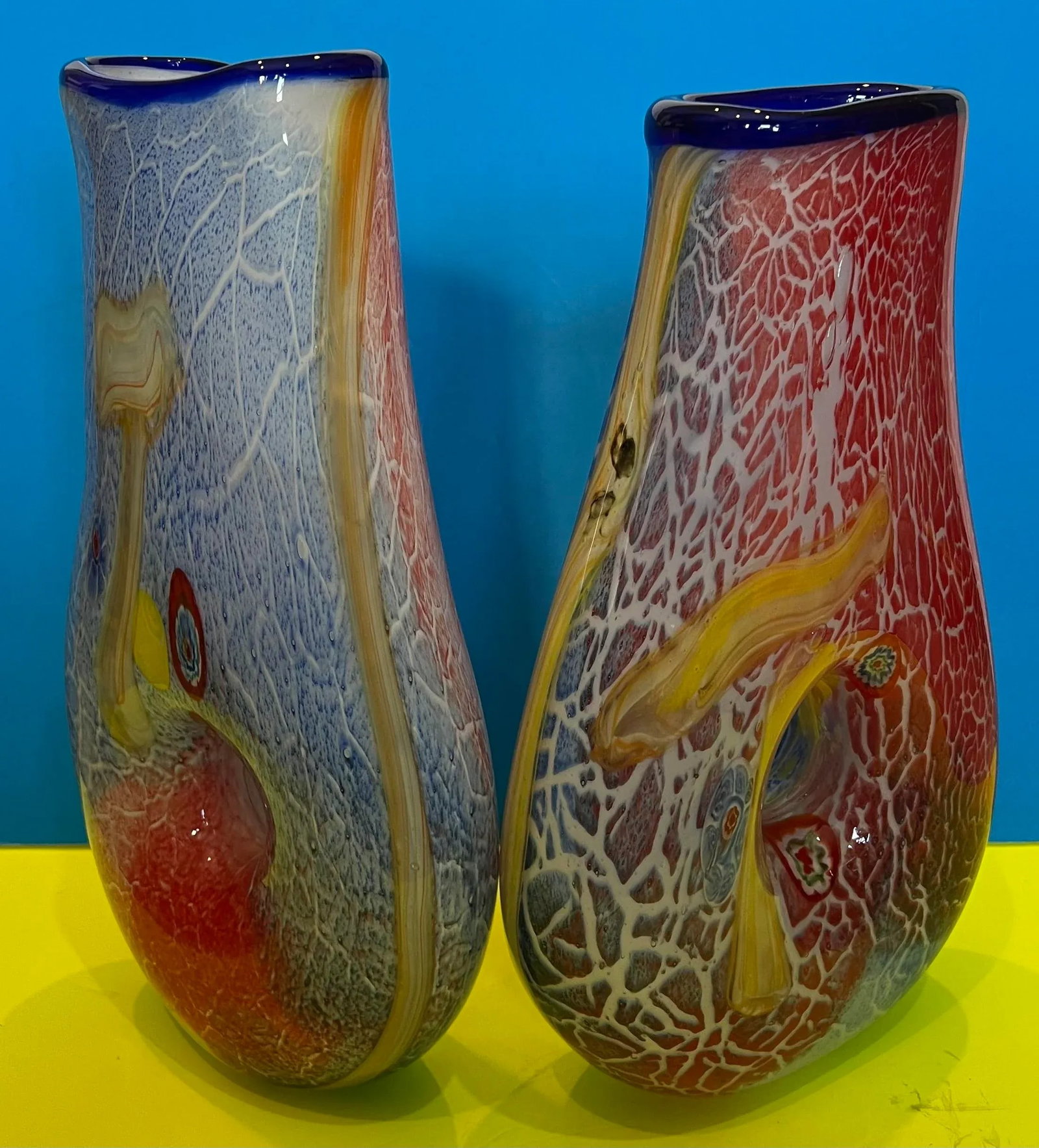 Handblown Vibrant Tear Shaped Donut Hole Art Glass Vases - a Pair - 5