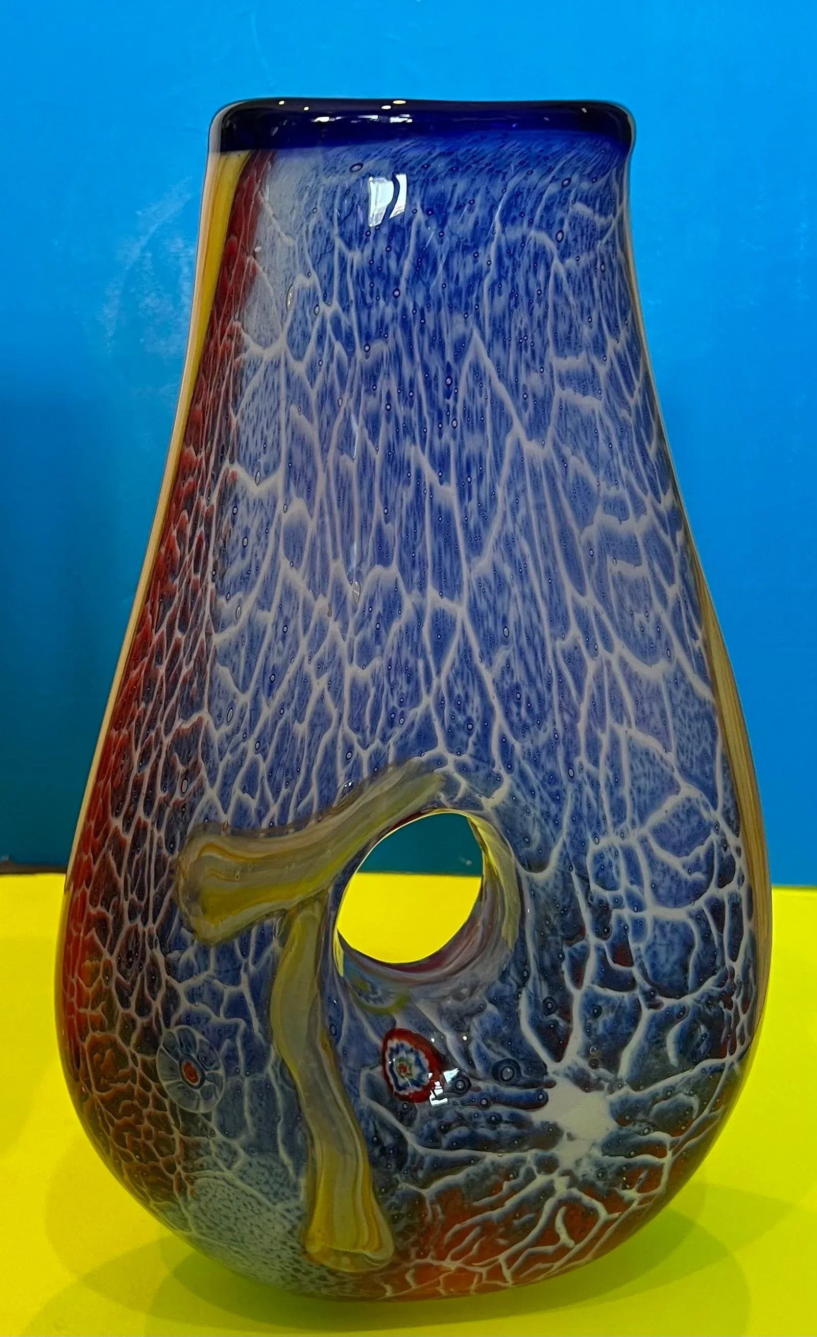 Handblown Vibrant Tear Shaped Donut Hole Art Glass Vases - a Pair - 7