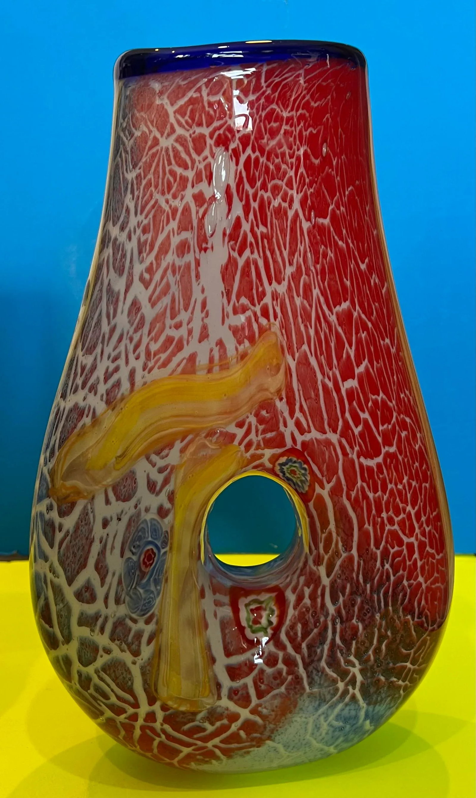 Handblown Vibrant Tear Shaped Donut Hole Art Glass Vases - a Pair - 9