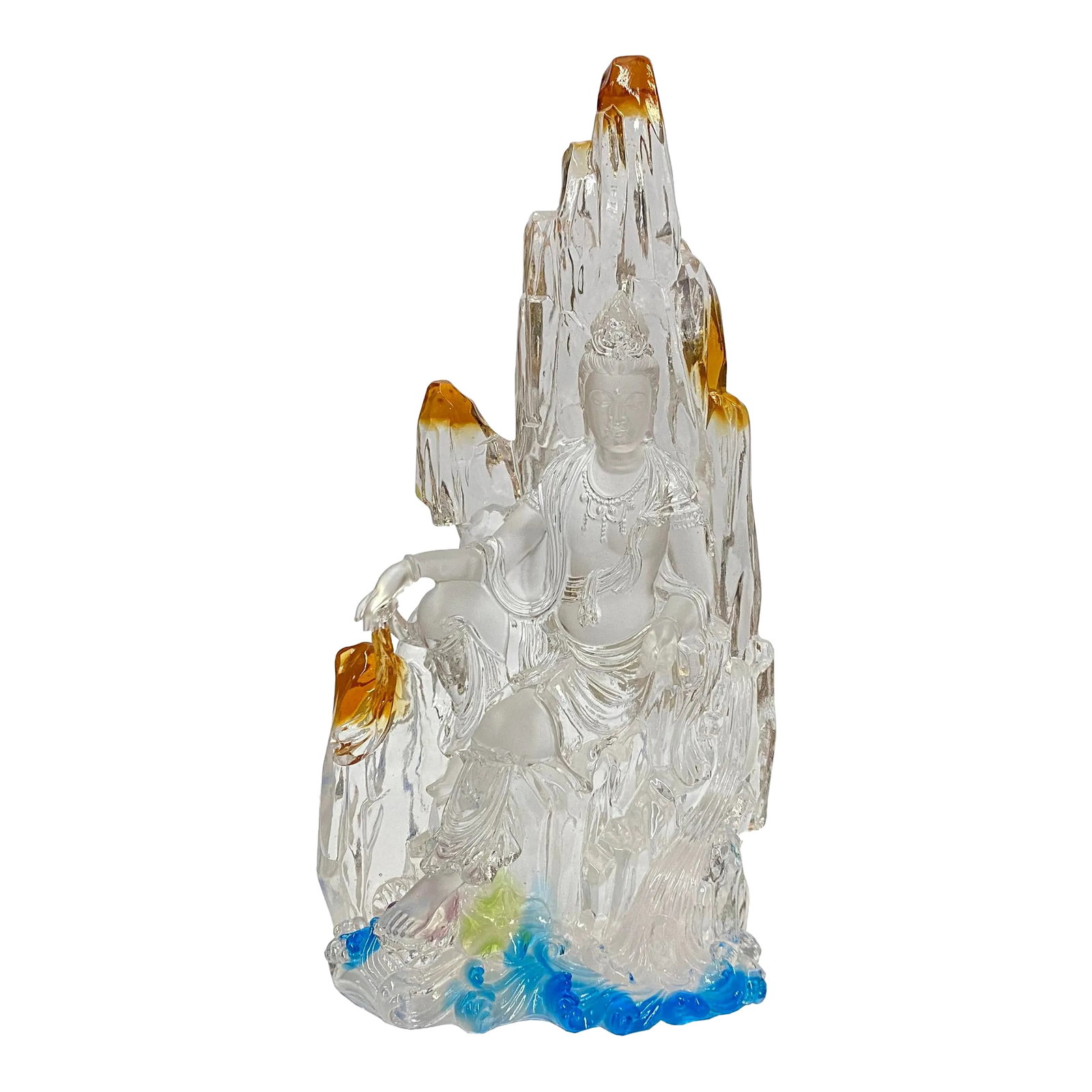 Crystal Glass Liuli Pate-De-Verre White Clear Kwan Yin Bodhisattva Statue: Handmade good quality liuli crystal glass White Clear Kwan Yin Tara Bodhisattava Avalokitesvara Statue. Dimensions: 5.5" x 4.5"x h10.5" Origin: China Material: Crystal Glass Condition: hand made, may