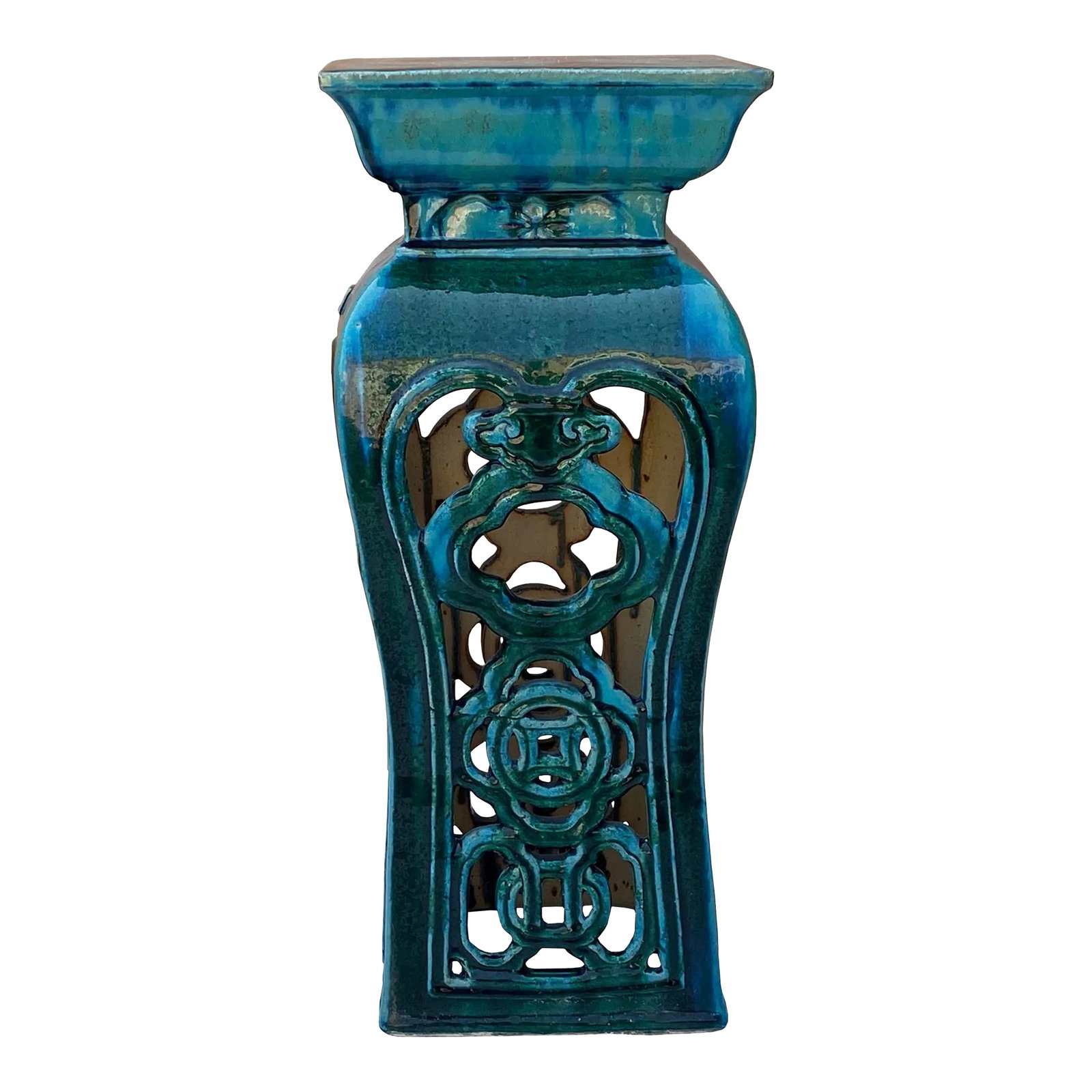 Ceramic Clay Green Square Tall Pedestal Table Flower Display Stand: This stand / table is made of clay and glazed with a grass green #023229 color. It is a decorative piece for indoor or outdoor as a stand or an accent piece. It is a handmade item, there is a