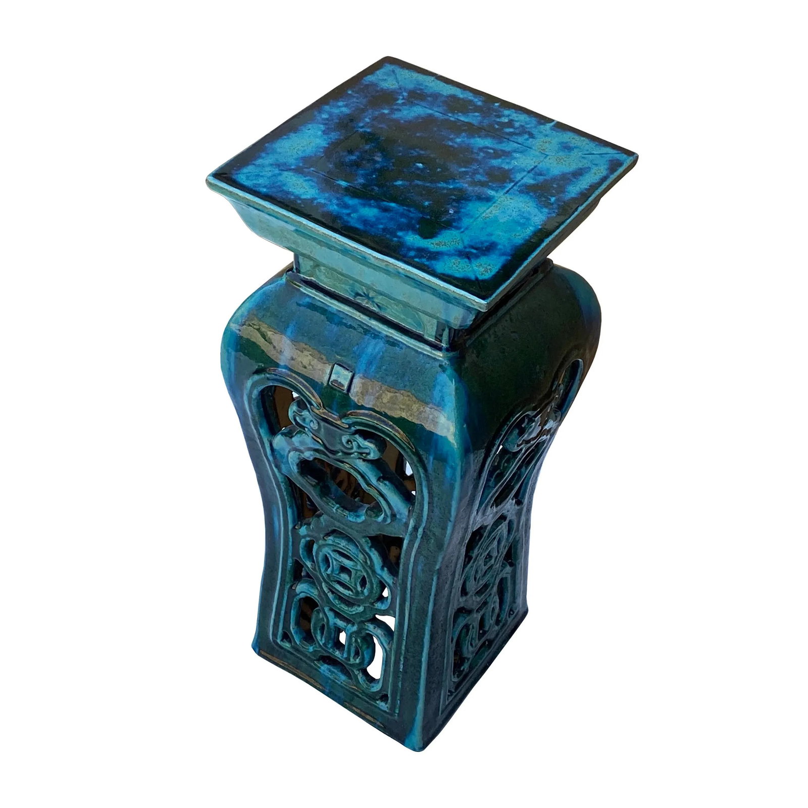 Ceramic Clay Green Square Tall Pedestal Table Flower Display Stand - 2