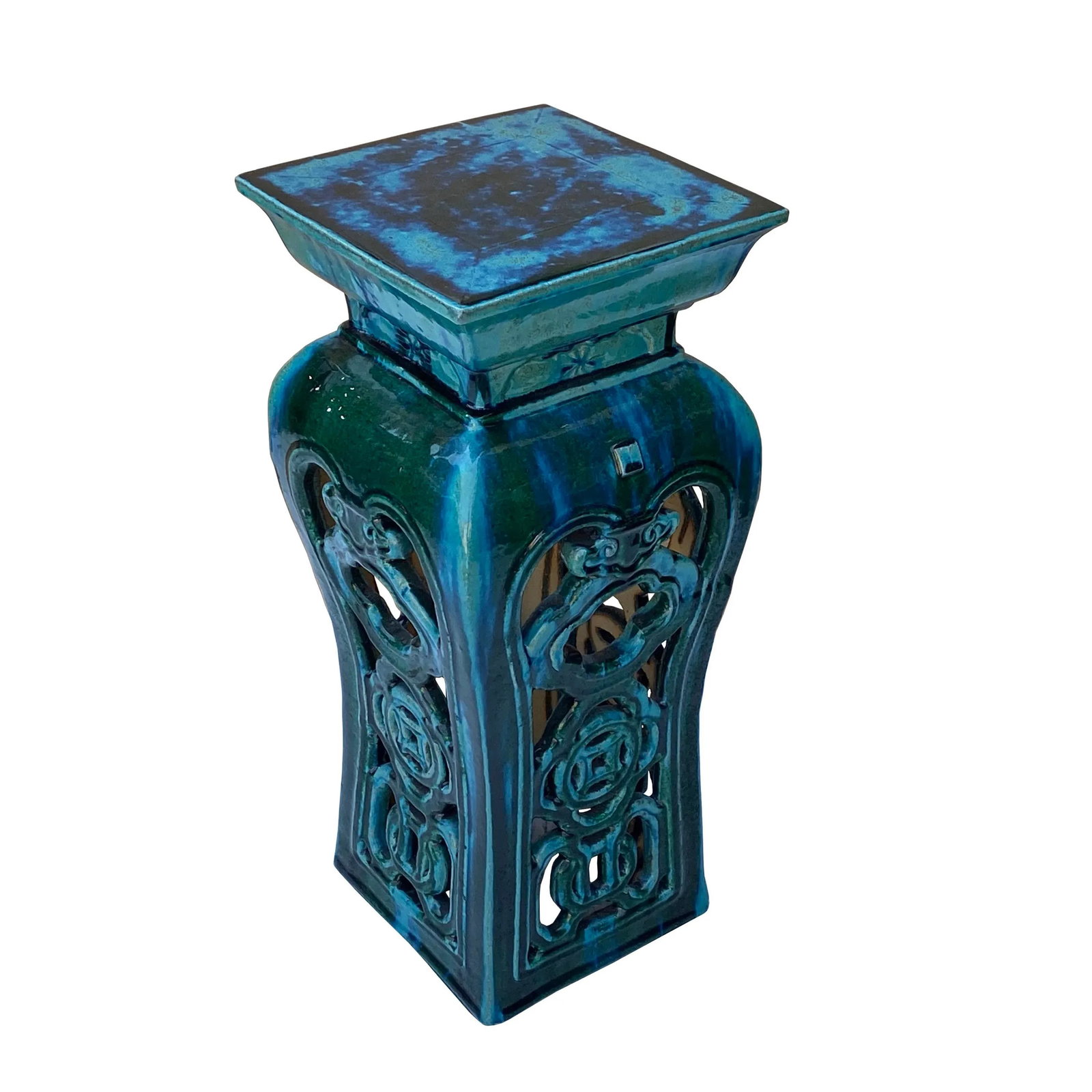 Ceramic Clay Green Square Tall Pedestal Table Flower Display Stand - 4