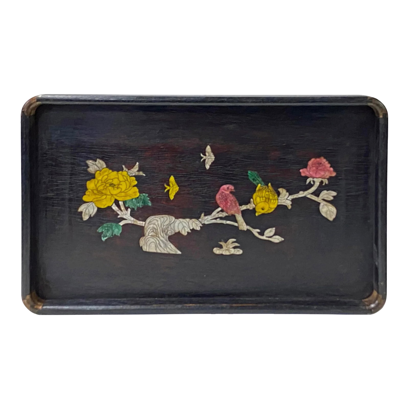 Chinese Rectangular Mother of Pearl Flower Birds Theme Wood Tray: This is an oriental rectangular shape wood tray made of wood and decorated with a mother of pearl flower birds theme. It can be a nice display tray on the tabletop in the modern home. Dimensions: