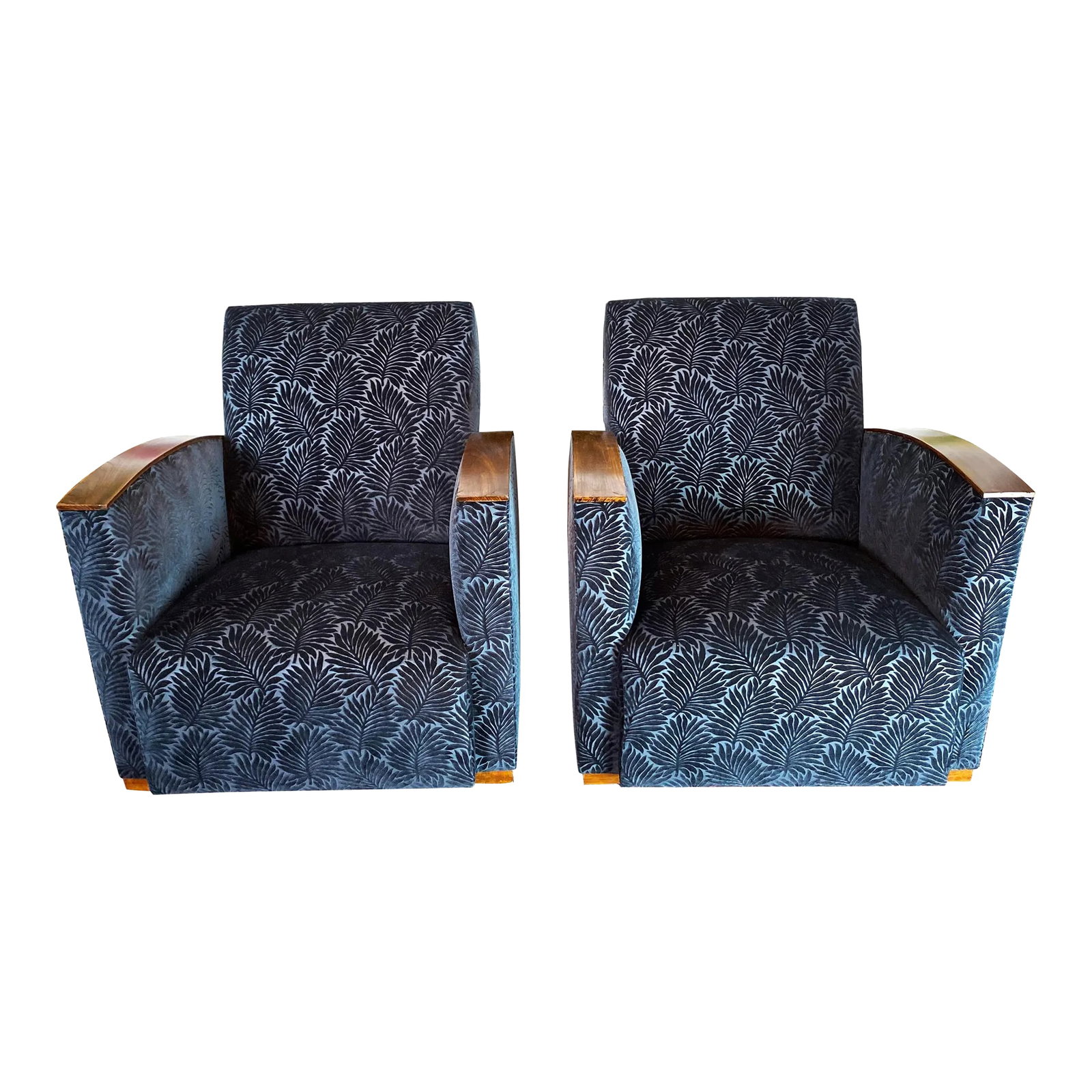 French Art Deco Blue Velvet Club Chairs - a Pair: 1930 pair of French Art Deco club chairs from France. Beautifully restored and reupholstered by our inhouse master upholsterer with Blue Velvet Nobilis fabric. Excellent condition. Condition: