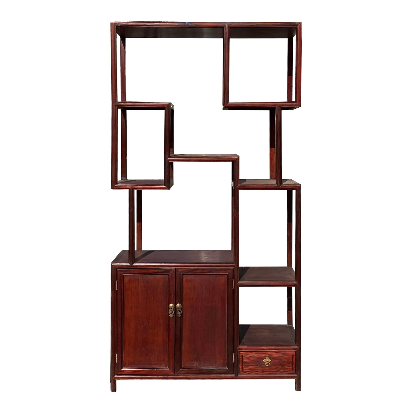 Chinese Light Brown Stain Treasure Display Curio Cabinet Room Divider: This is a display cabinet with different heights and shapes on each section for collection display. It can be placed against the wall or as a room divider with its two sides finished. Dimensions: w38.