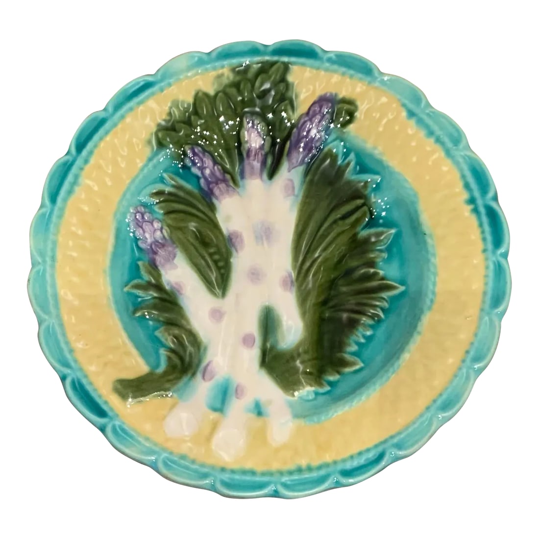 1980s Italian Majolica Asparagus Serving Dish: Vintage Italian Majolica serving dish. Hand painted asparagus and lettuce motif on ceramic. Condition: Alterations: Original Condition Unaltered Imperfections: Some Imperfections Condition Notes: