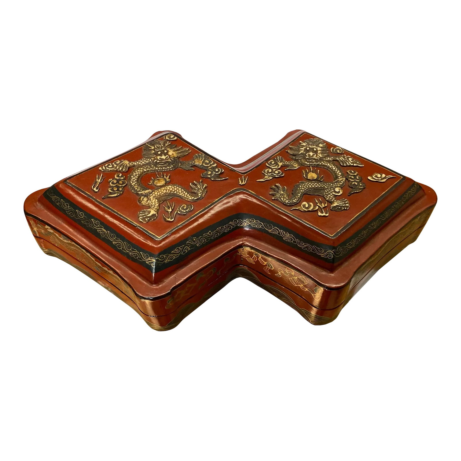 Chinese Distressed Brick Red Lacquer Double Rhombus Dragons Box: This is a handmade Chinese accent decorative box made of wood and finished with a distressed brick red base color. The surface is a golden dimensional graphic of Qing Dynasty style dragon motifs. It