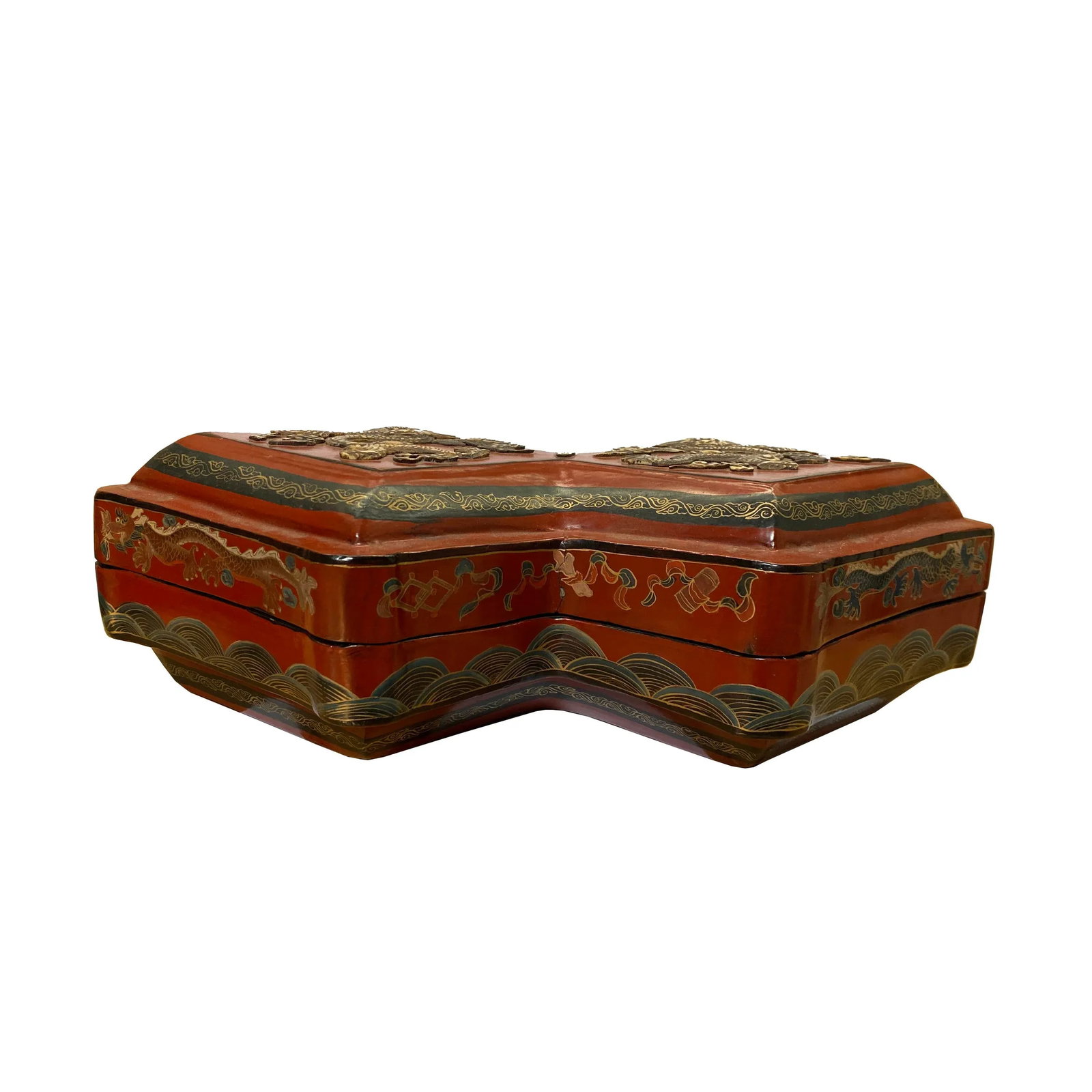 Chinese Distressed Brick Red Lacquer Double Rhombus Dragons Box - 2