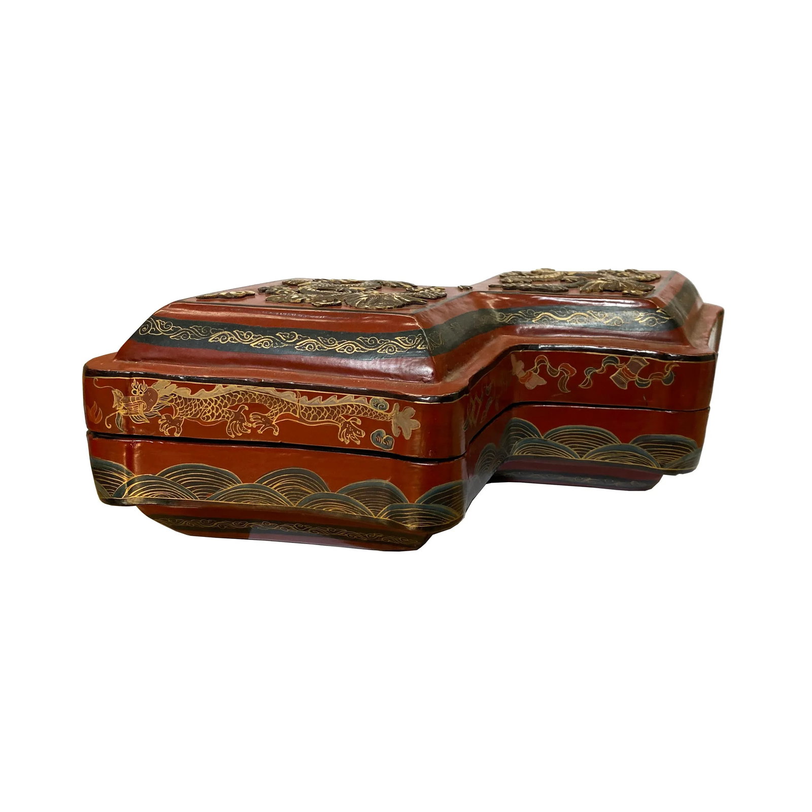 Chinese Distressed Brick Red Lacquer Double Rhombus Dragons Box - 3
