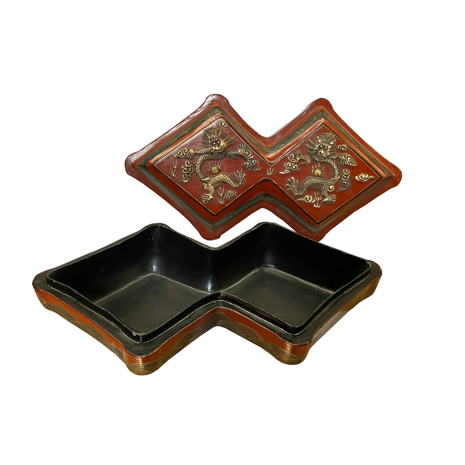 Chinese Distressed Brick Red Lacquer Double Rhombus Dragons Box - 5