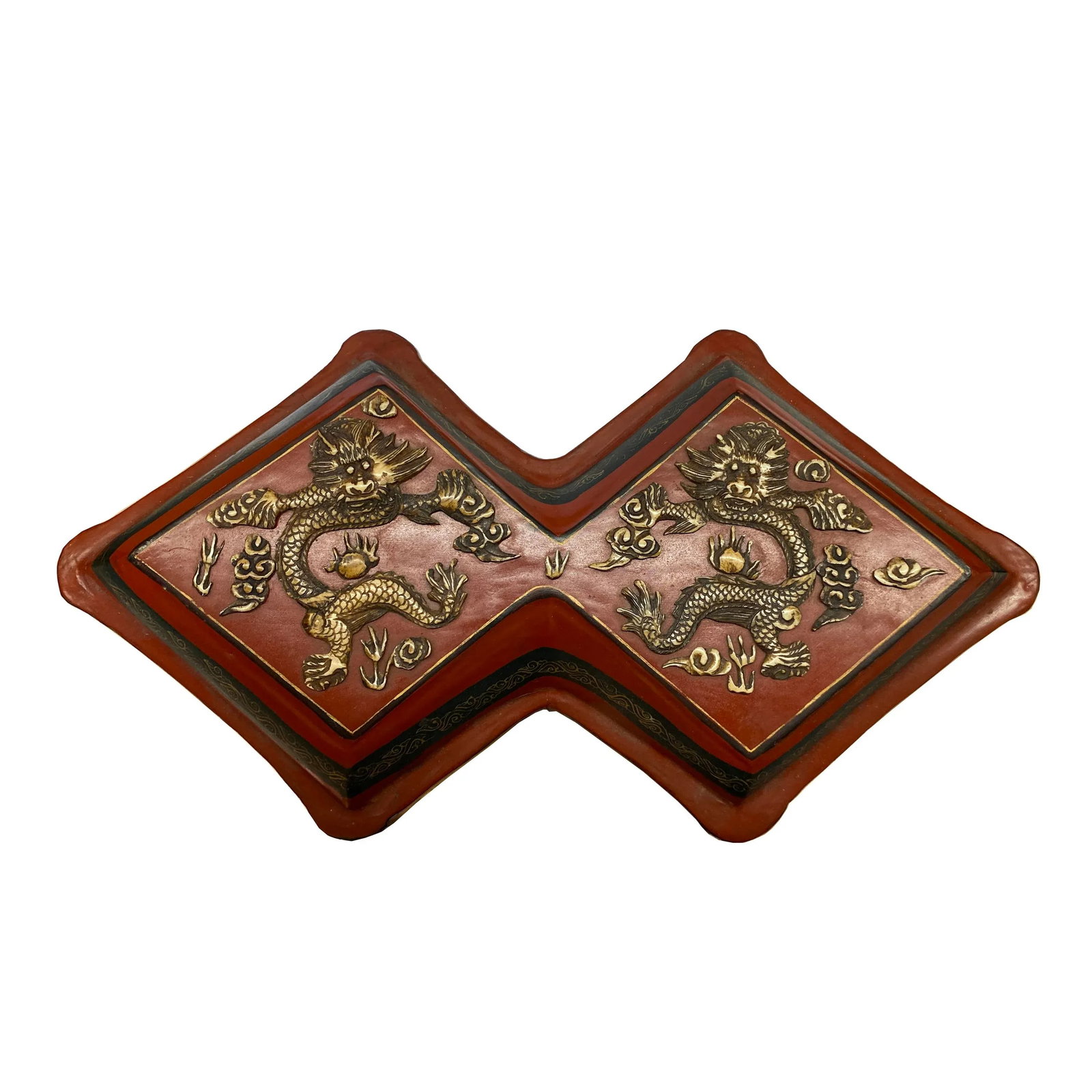 Chinese Distressed Brick Red Lacquer Double Rhombus Dragons Box - 6