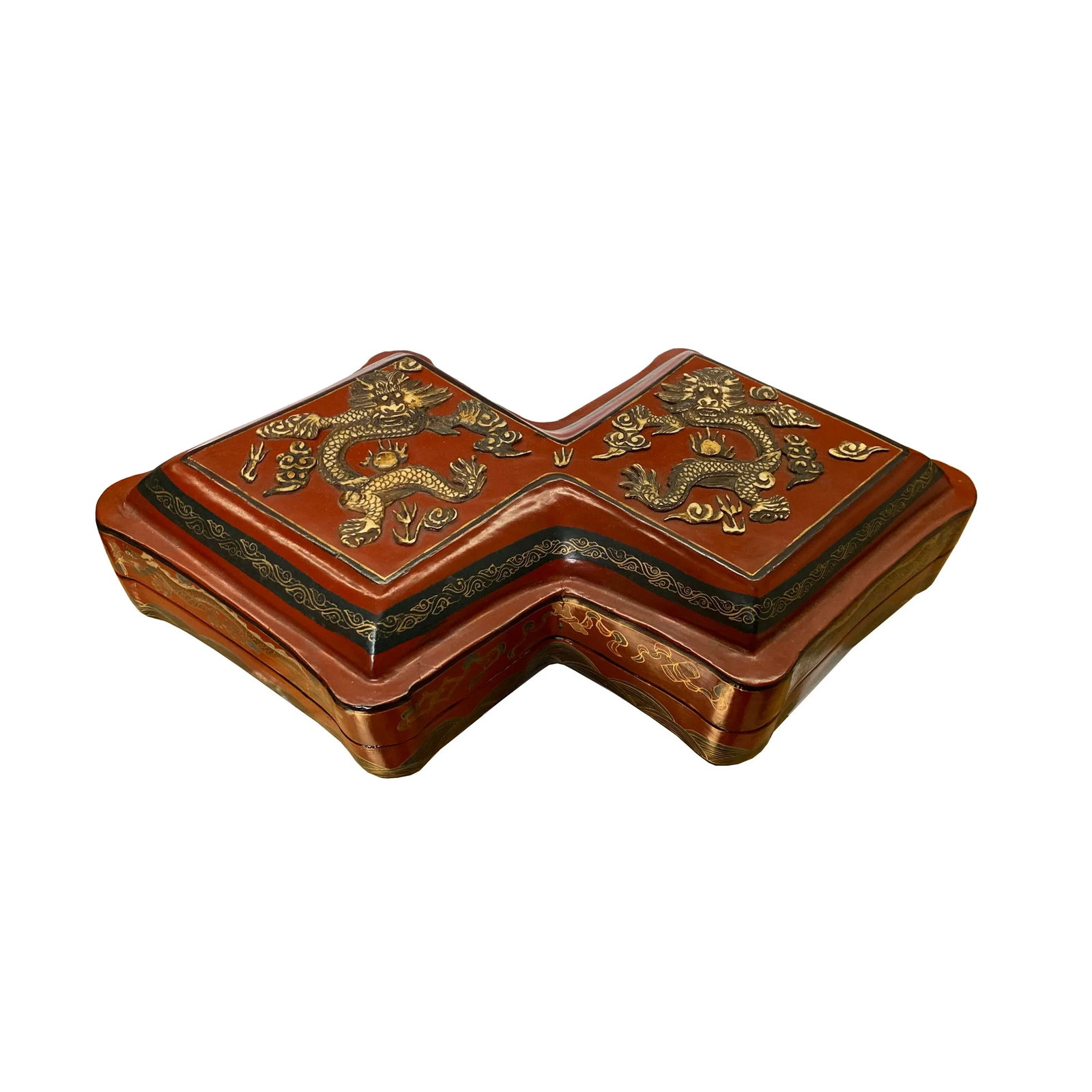 Chinese Distressed Brick Red Lacquer Double Rhombus Dragons Box - 7