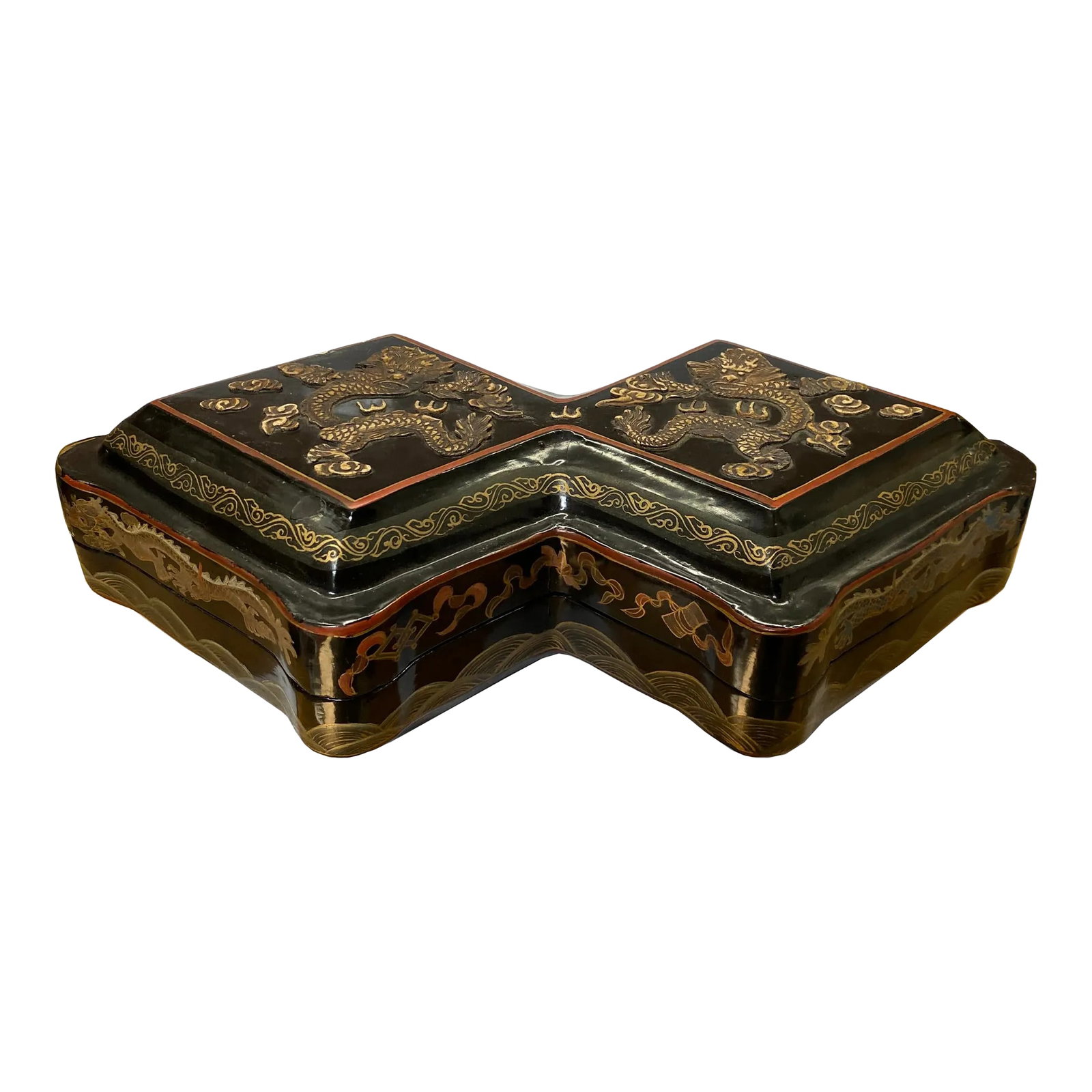 Chinese Distressed Black Lacquer Double Rhombus Dragons Box: This is a handmade Chinese accent decorative box made of wood and finished with a distressed Black base color. The surface is a golden dimensional graphic of Qing Dynasty style dragon motifs. It is a 