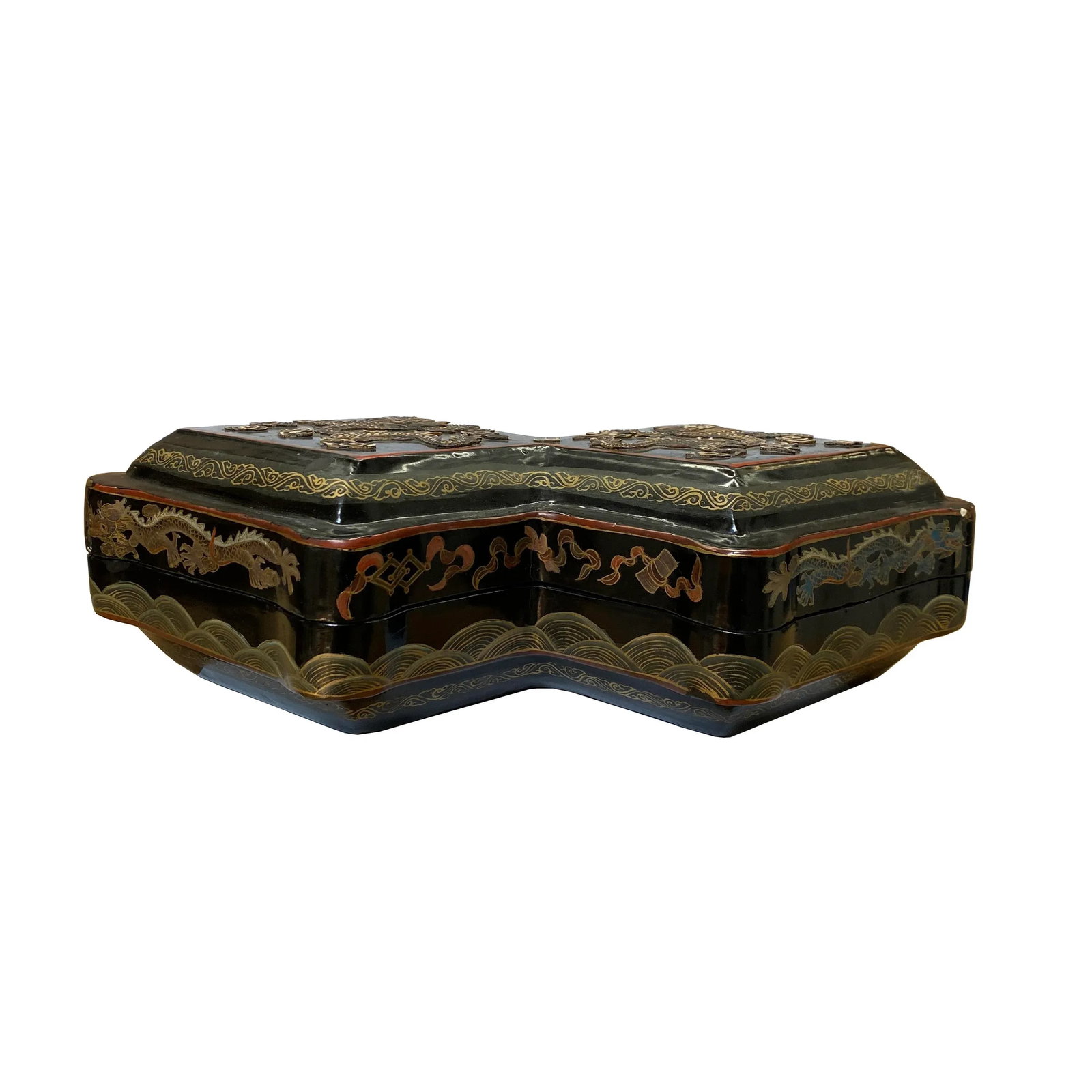 Chinese Distressed Black Lacquer Double Rhombus Dragons Box - 2