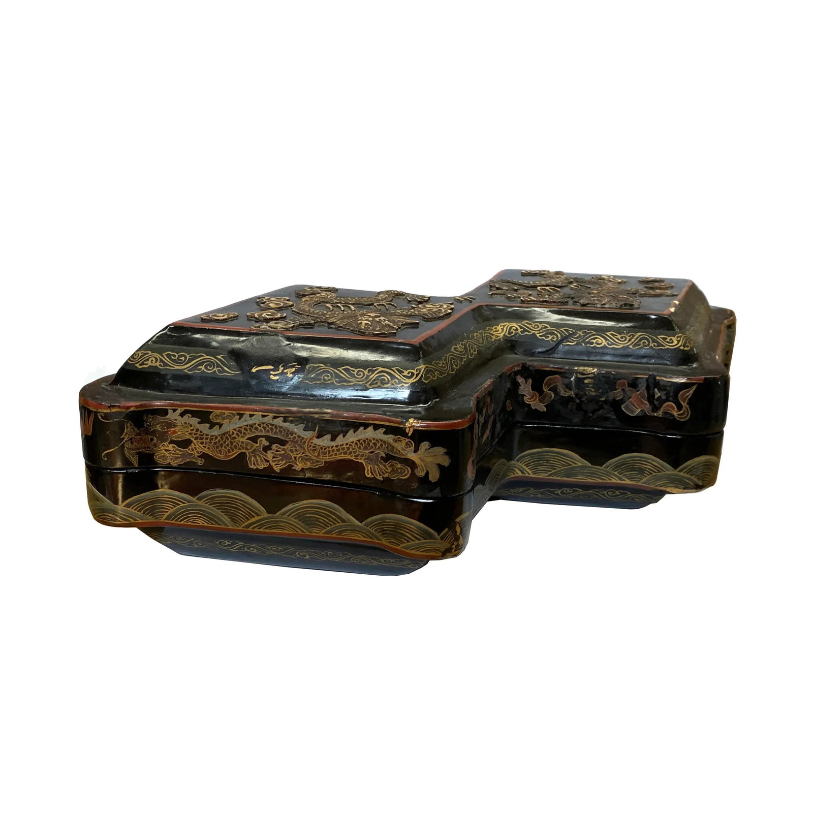 Chinese Distressed Black Lacquer Double Rhombus Dragons Box - 3