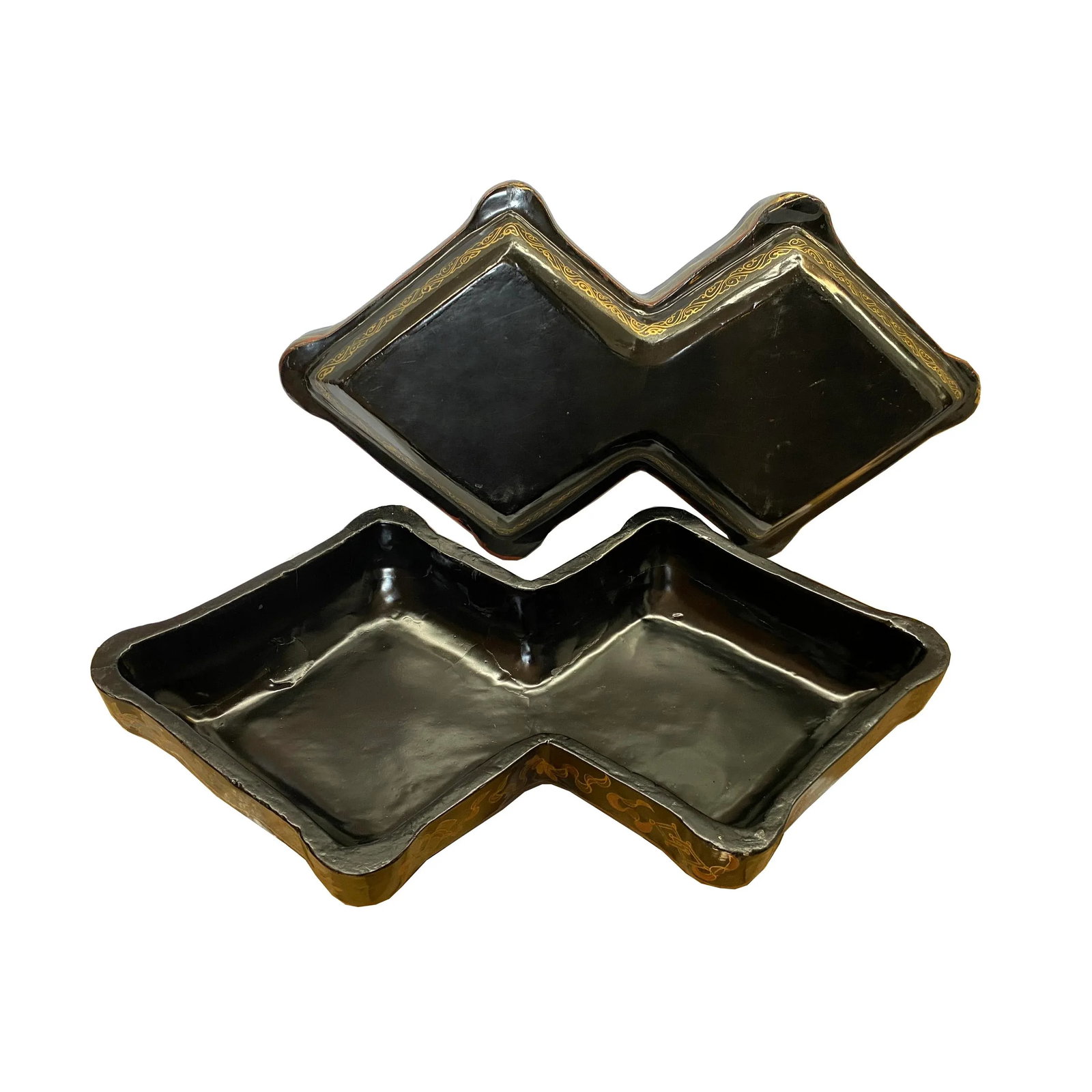 Chinese Distressed Black Lacquer Double Rhombus Dragons Box - 4