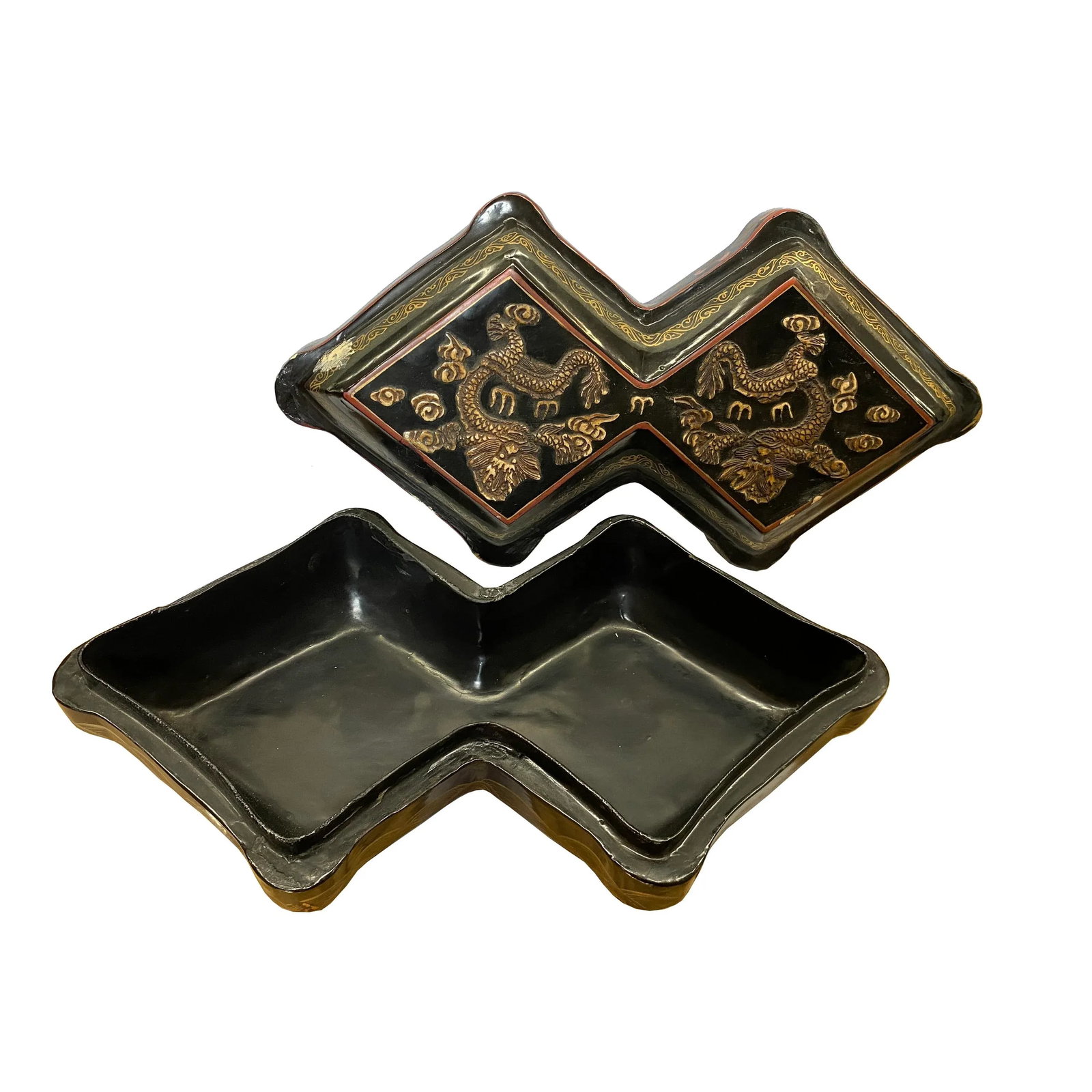 Chinese Distressed Black Lacquer Double Rhombus Dragons Box - 5