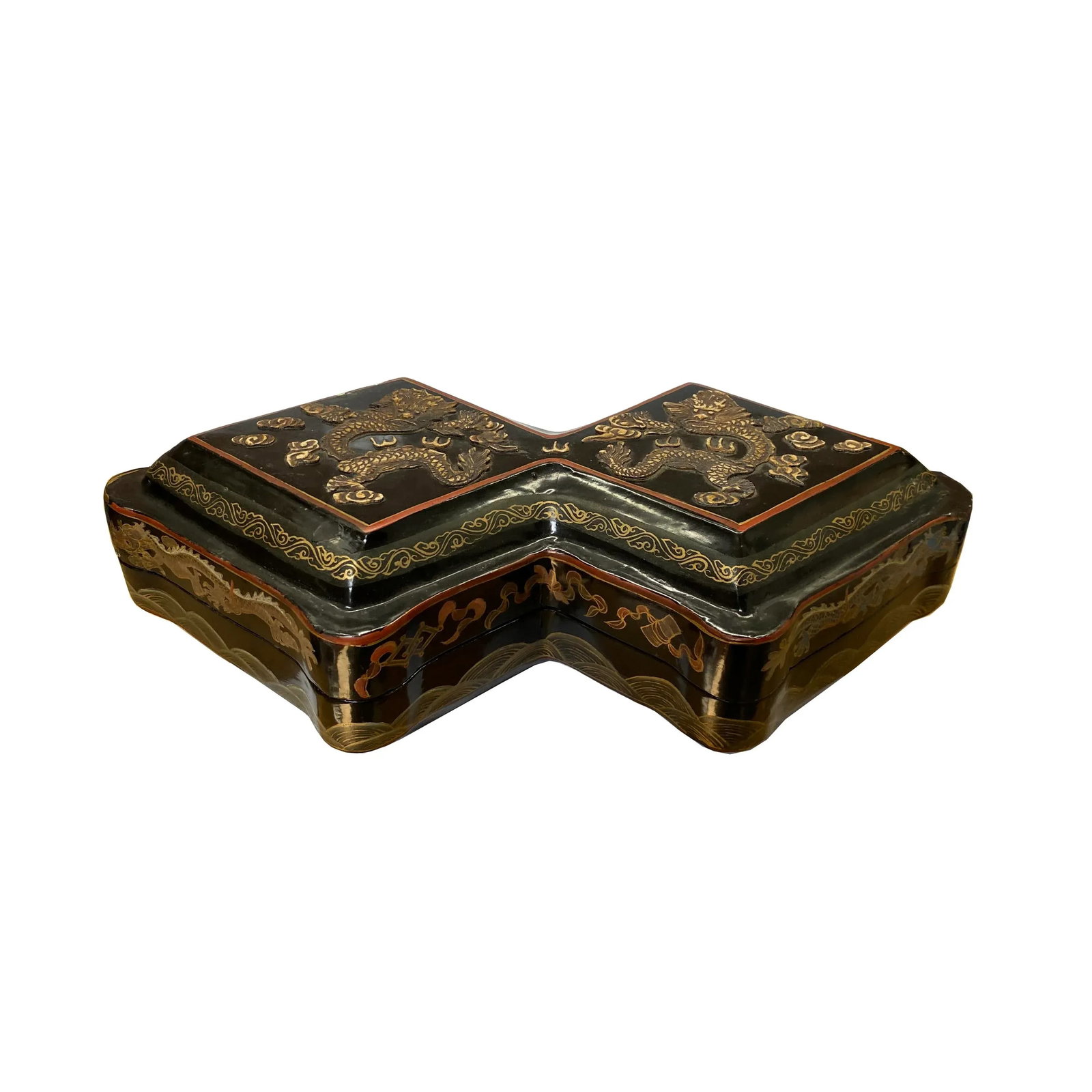 Chinese Distressed Black Lacquer Double Rhombus Dragons Box - 6