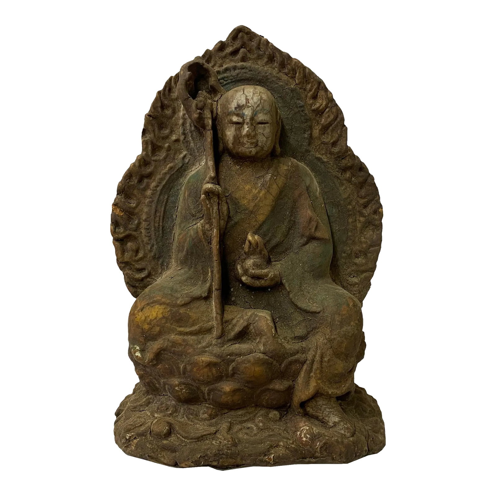 Chinese Rustic Wood Sitting Ksitigarbha Bodhisattva Buddha Statue: This is a handmade Chinese decorative wooden Ksitigarbha Bodhisattva Buddha statue. It is finished in a vintage rustic look. Dimensions: 4.5" x 2.5"x h6.5" Origin: China Material: Wood Condition: