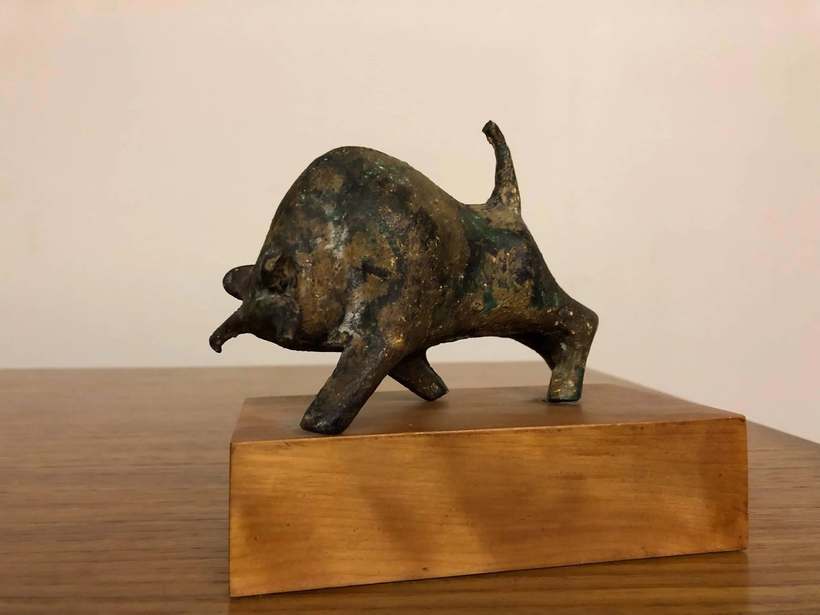 Bronze Bull Sculpture on Wood Stand - 11