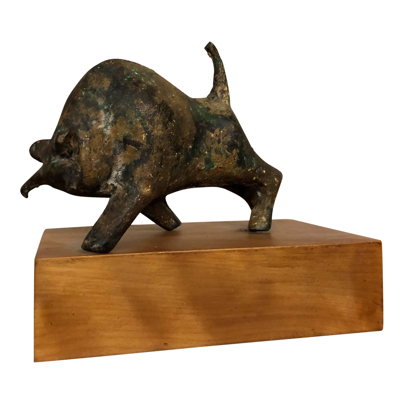 Bronze Bull Sculpture on Wood Stand: Small vintage sculpture of a bronze bull on a wood stand. We were told when we bought it that it is "old and Japanese", but we're unable to verify that. We also can't be certain that it is bronze,