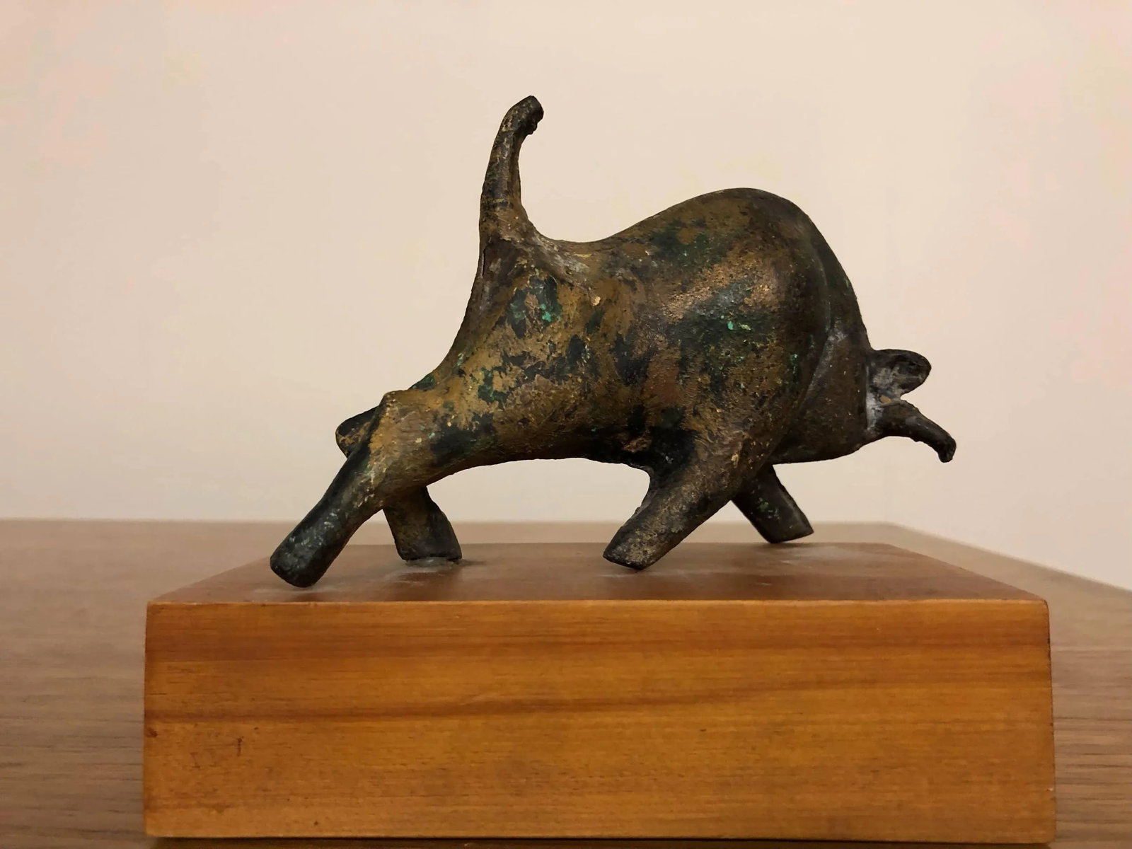 Bronze Bull Sculpture on Wood Stand - 3