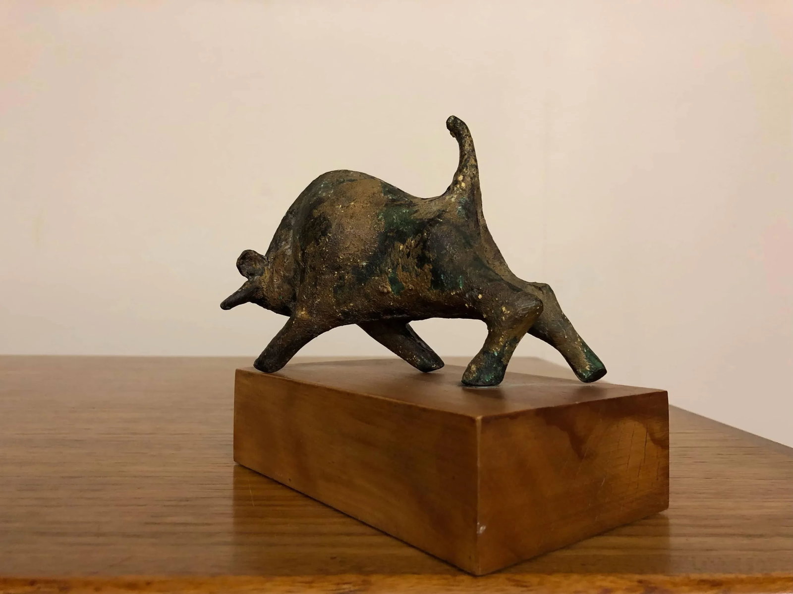 Bronze Bull Sculpture on Wood Stand - 9
