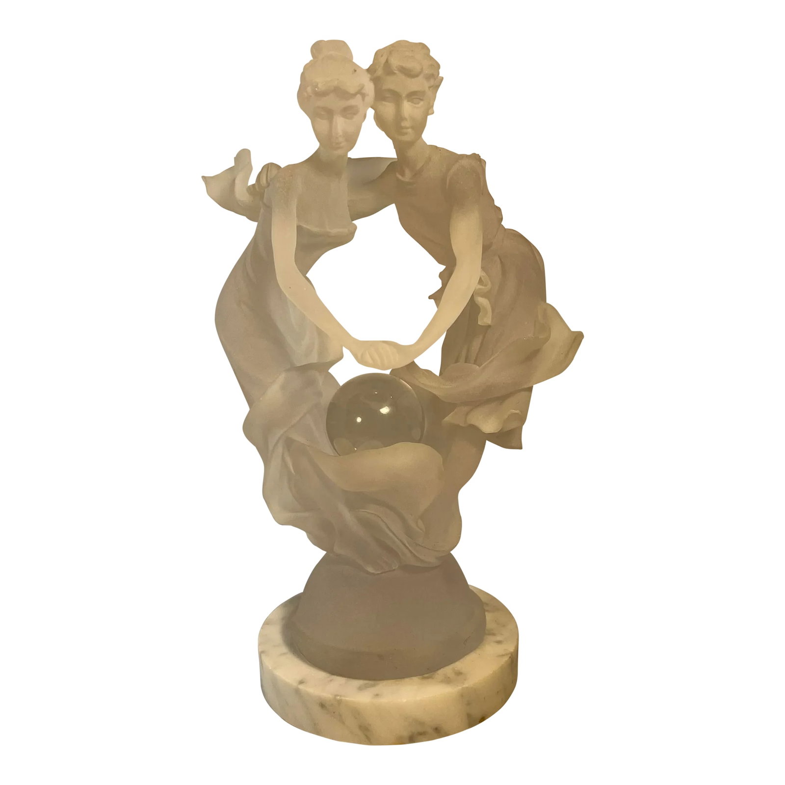 Frosted Lucite Sculpture Dancers Signed Kozlowski: This frosted lucite sculpture is a mesmerizing creation, capturing the essence of dance and connection with grace and style. Crafted by the Polish artist M. K. Kozlowski, this 10-inch tall figurine st