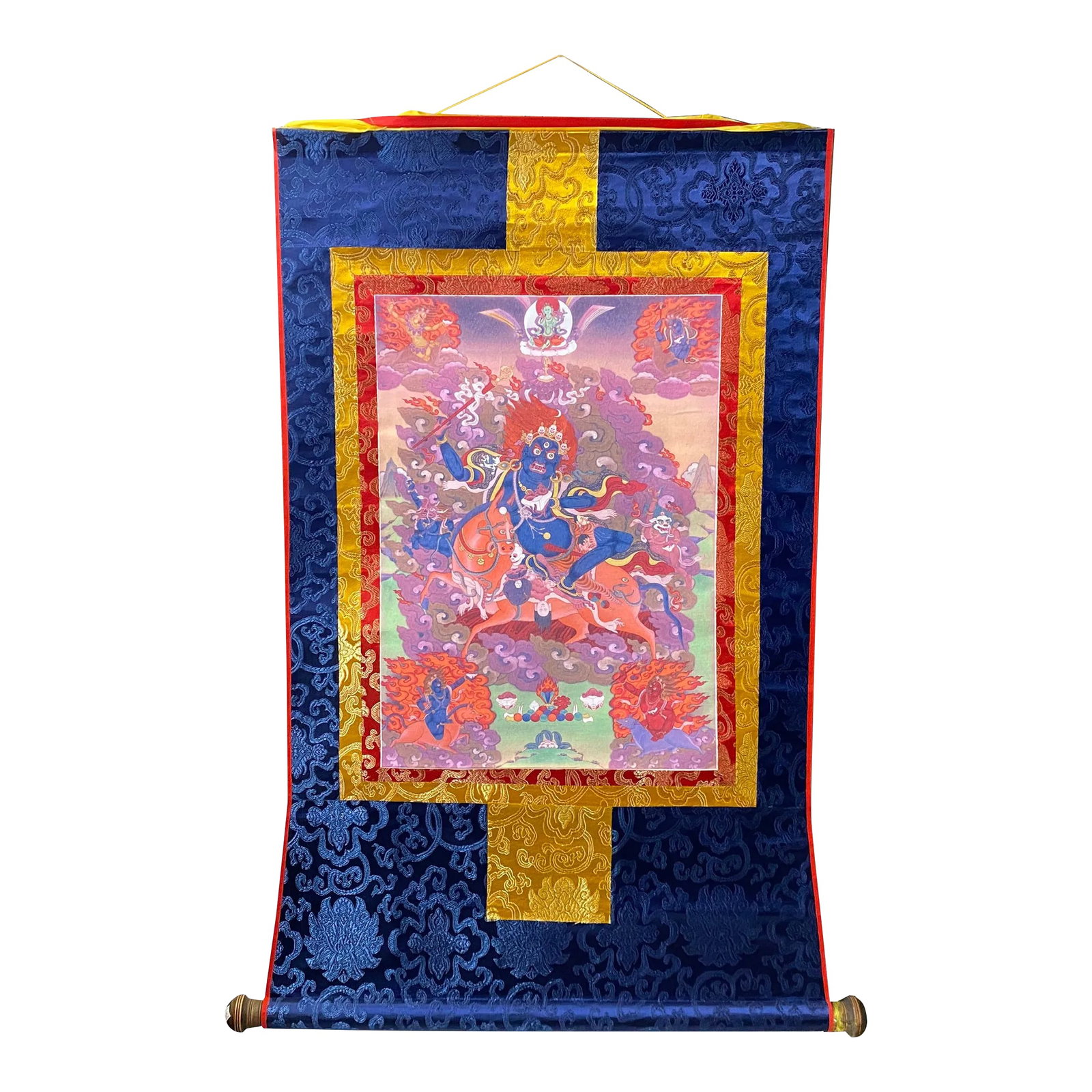 Tibetan Print Fabric Trim Protector Deity Art Wall Scroll Thangka: This is a Tibetan Thangka that has a print graphic of Tibetan Buddha or Deity Art at the center and is surrounded by colorful fabric. It is in a scroll style for easy storage and display. Dimensions: 