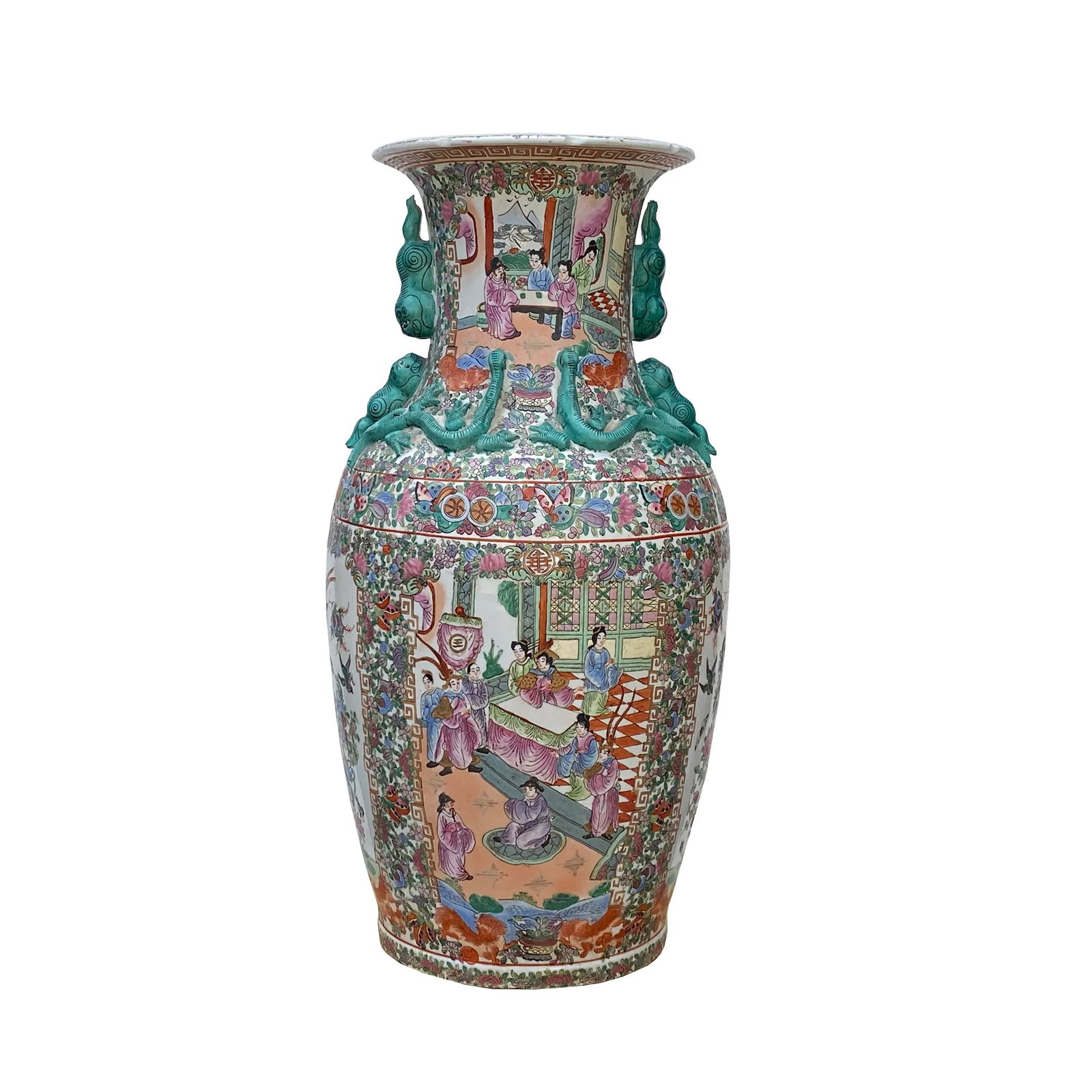 Chinese Hand Made Pink Turquoise House People Scenery Graphic Vase - 10