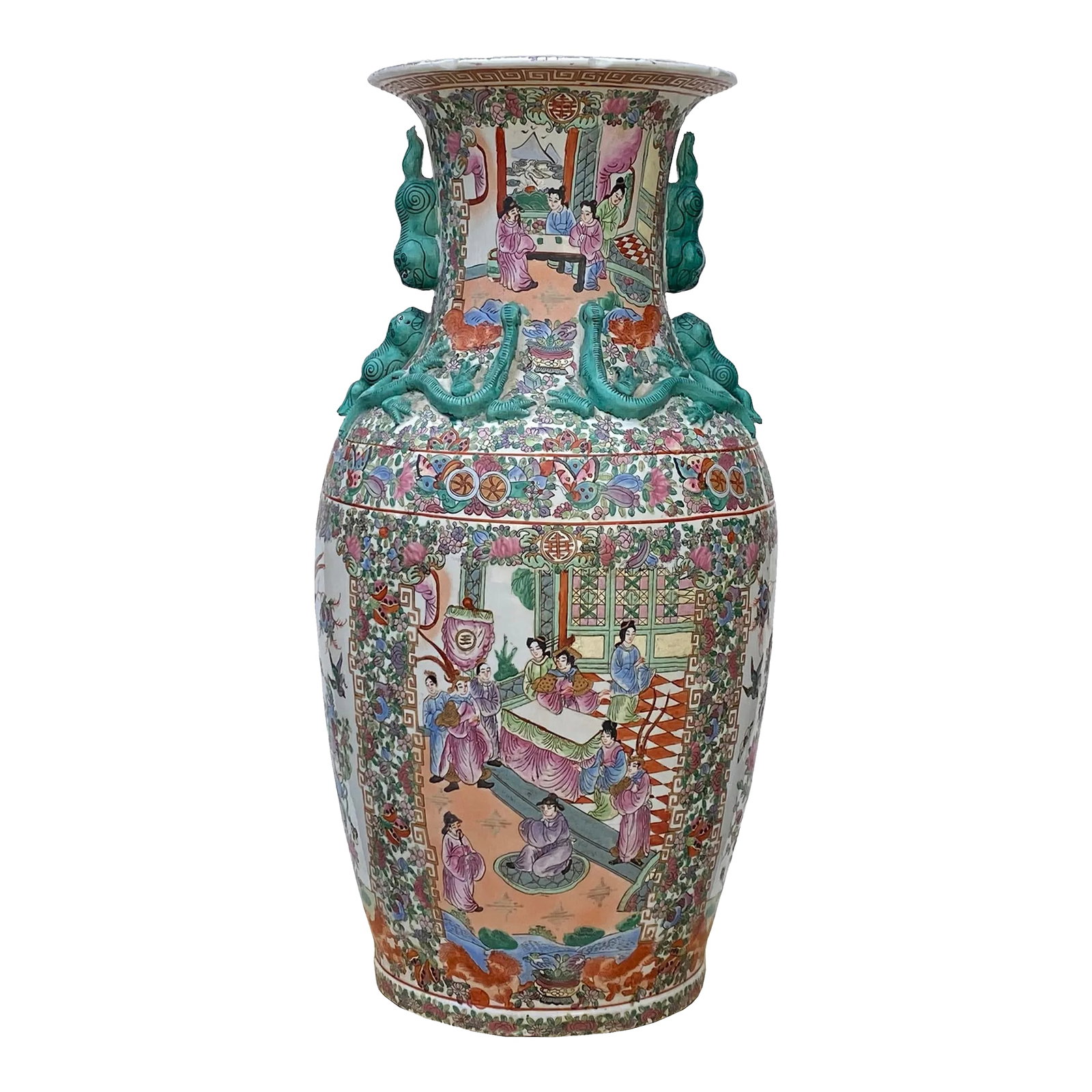 Chinese Hand Made Pink Turquoise House People Scenery Graphic Vase: This is an oriental porcelain vase with decent details. It comes with a very detailed Chinese flower and people opera scenery hand painting on it, the top of the vase has a carving of Chinese Feng Shu