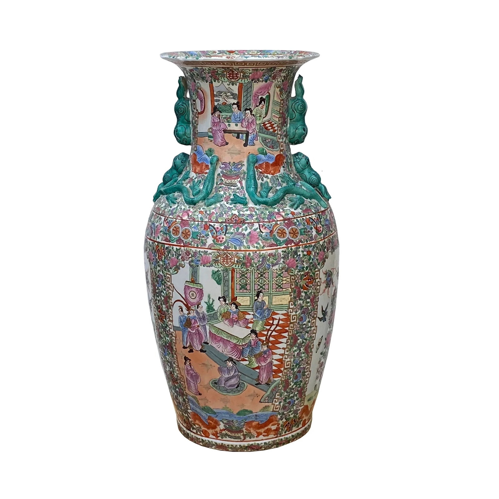 Chinese Hand Made Pink Turquoise House People Scenery Graphic Vase - 2