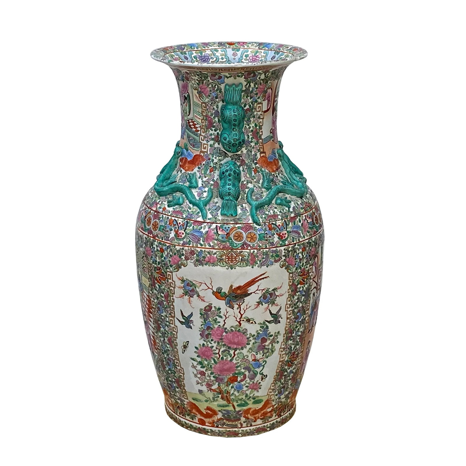 Chinese Hand Made Pink Turquoise House People Scenery Graphic Vase - 3