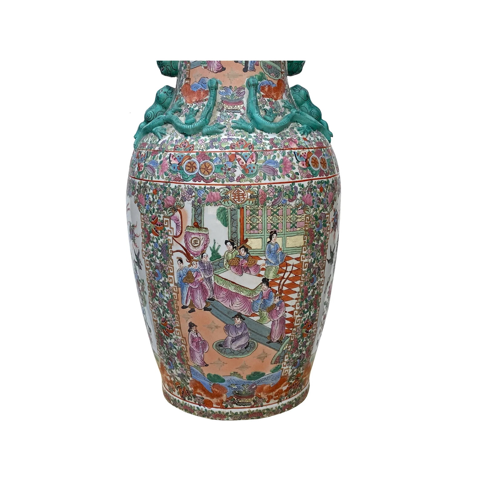 Chinese Hand Made Pink Turquoise House People Scenery Graphic Vase - 4