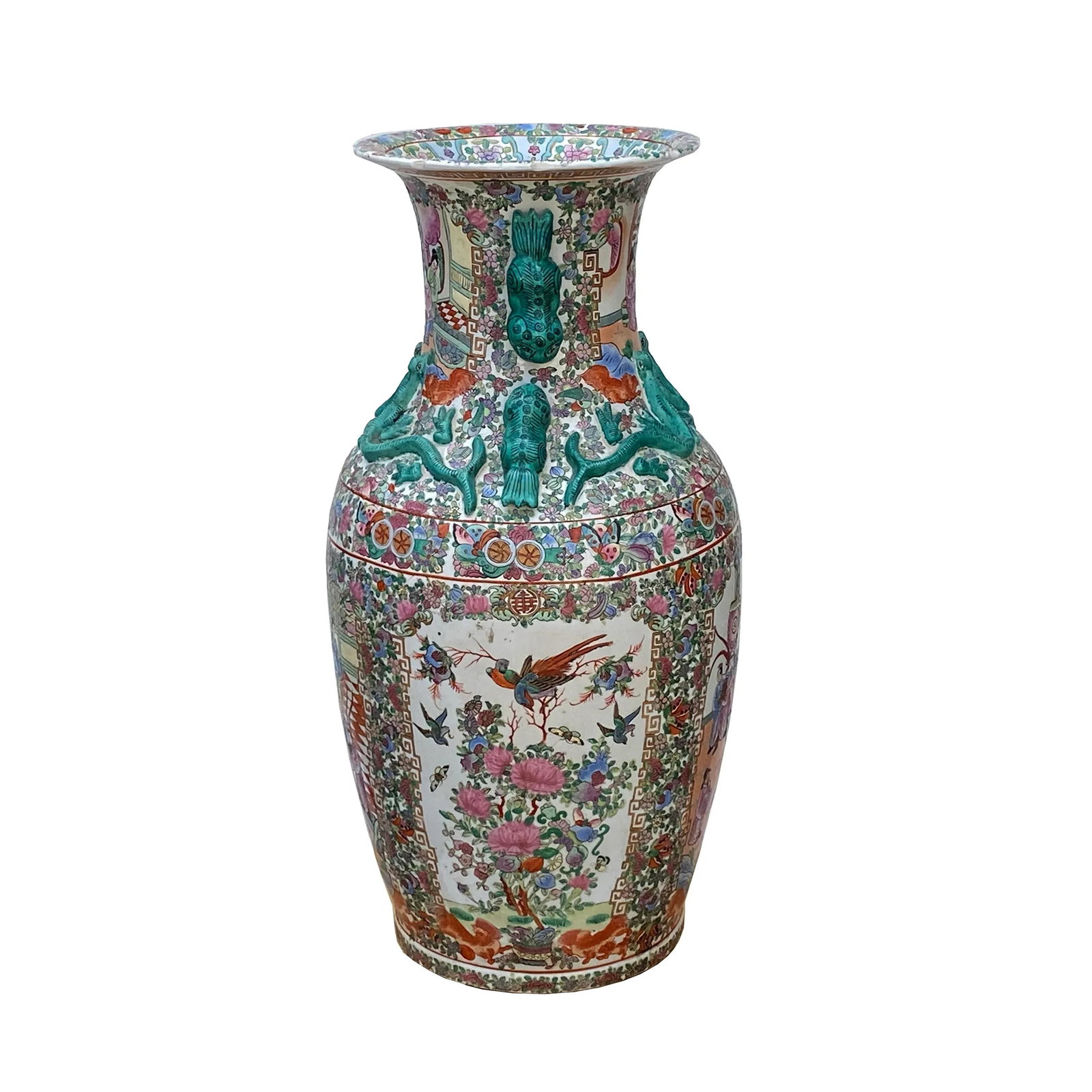 Chinese Hand Made Pink Turquoise House People Scenery Graphic Vase - 5