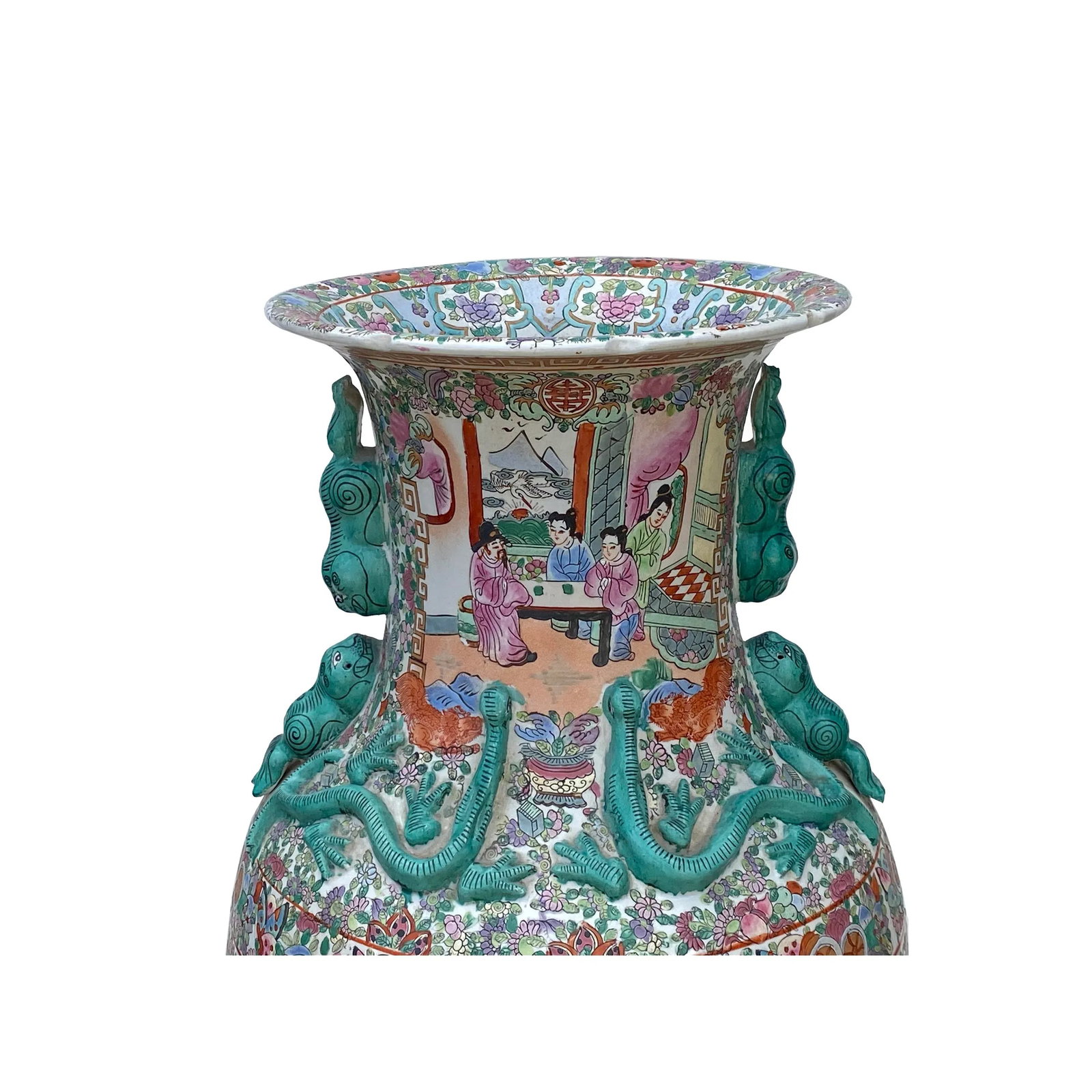 Chinese Hand Made Pink Turquoise House People Scenery Graphic Vase - 6
