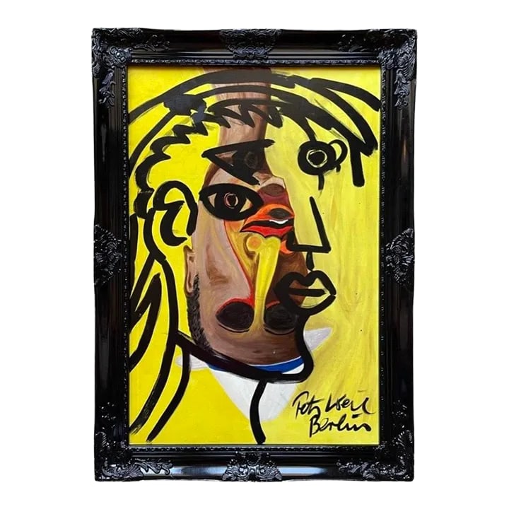 Peter Keil Abstract Portrait Painting Framed, Berlin: Peter Keil is a German artist that focuses primarily on abstract expressionism. Keil painted with some of the greats including Joan Miró, Pablo Picasso and Andy Warhol, to name a few. This is an 