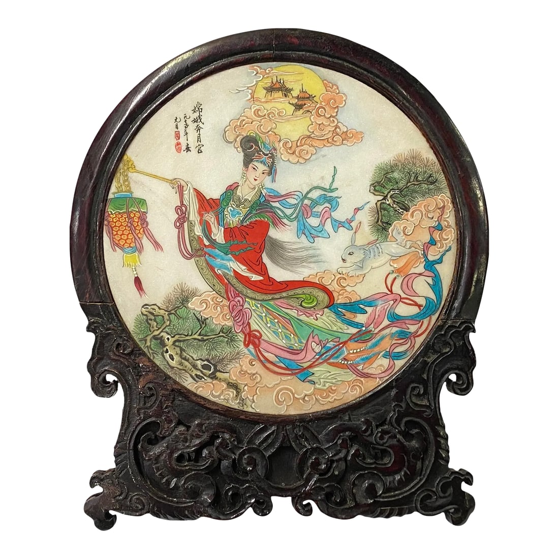 Chinese Chang'e Moon Autumn Lantern Rabbit Them Stone Plaque Display: This is a round shape natural stone display with a carved wooden frame. The surface is a colorful graphic of " goddess of the moon holding a lantern, with a full moon and a rabbit " - which is a tradi