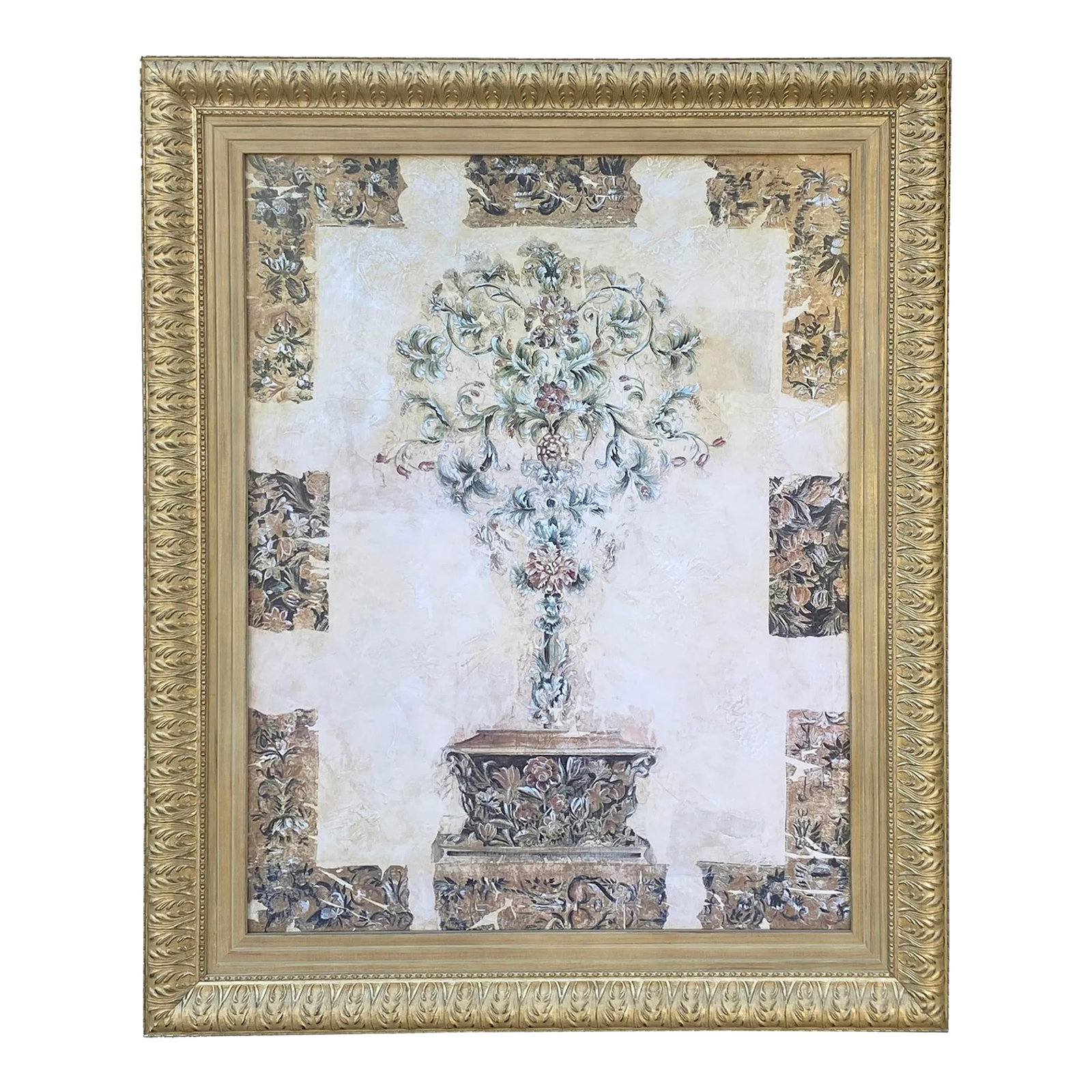 Large Wood Matte Light Gold Framed Artistic Graphic Wall Art: This is a large wall decoration piece made of a thick wood frame and an artistic graphic painting center. Dimensions: w48" x h60" thickness 2", approx 80lbs Origin: China Material: Wood Condition: han