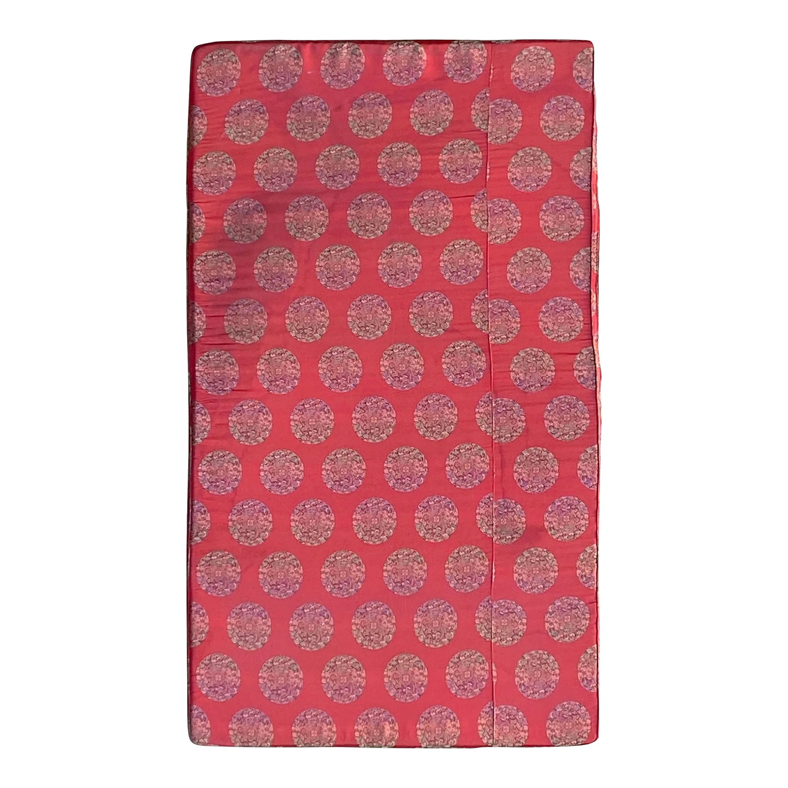 Chinese Oriental Red Silk Fabric Rectangular Long Seat Cushion Pad: This is a seat cushion pad with an extra-long design for a daybed or oriental chaise bench. It has an oriental purple red #b70b1a silk-like fabric cover - with a zipper. Dimensions: w78" x d46"x